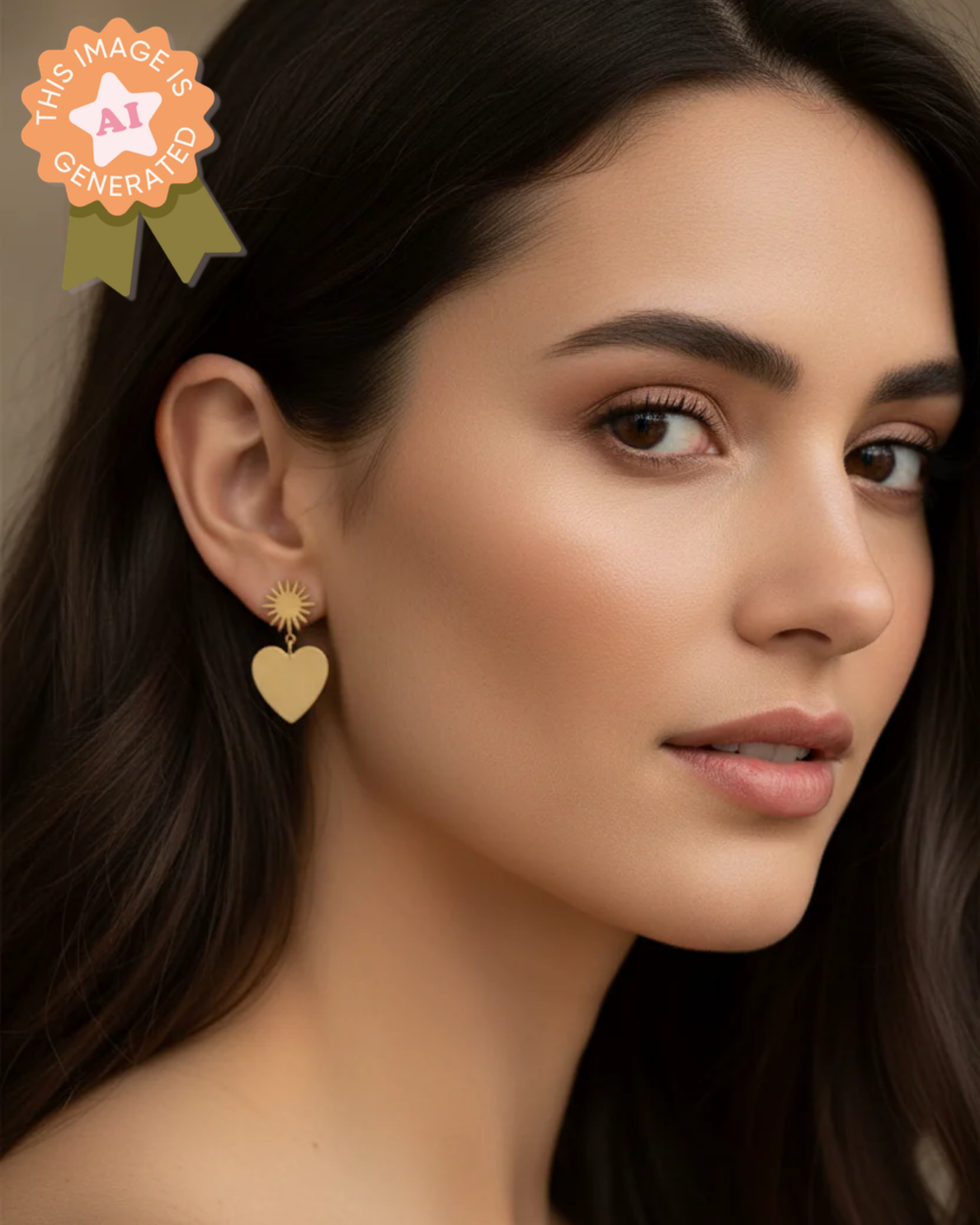 Woman wearing gold heart-shaped earrings with a neutral background