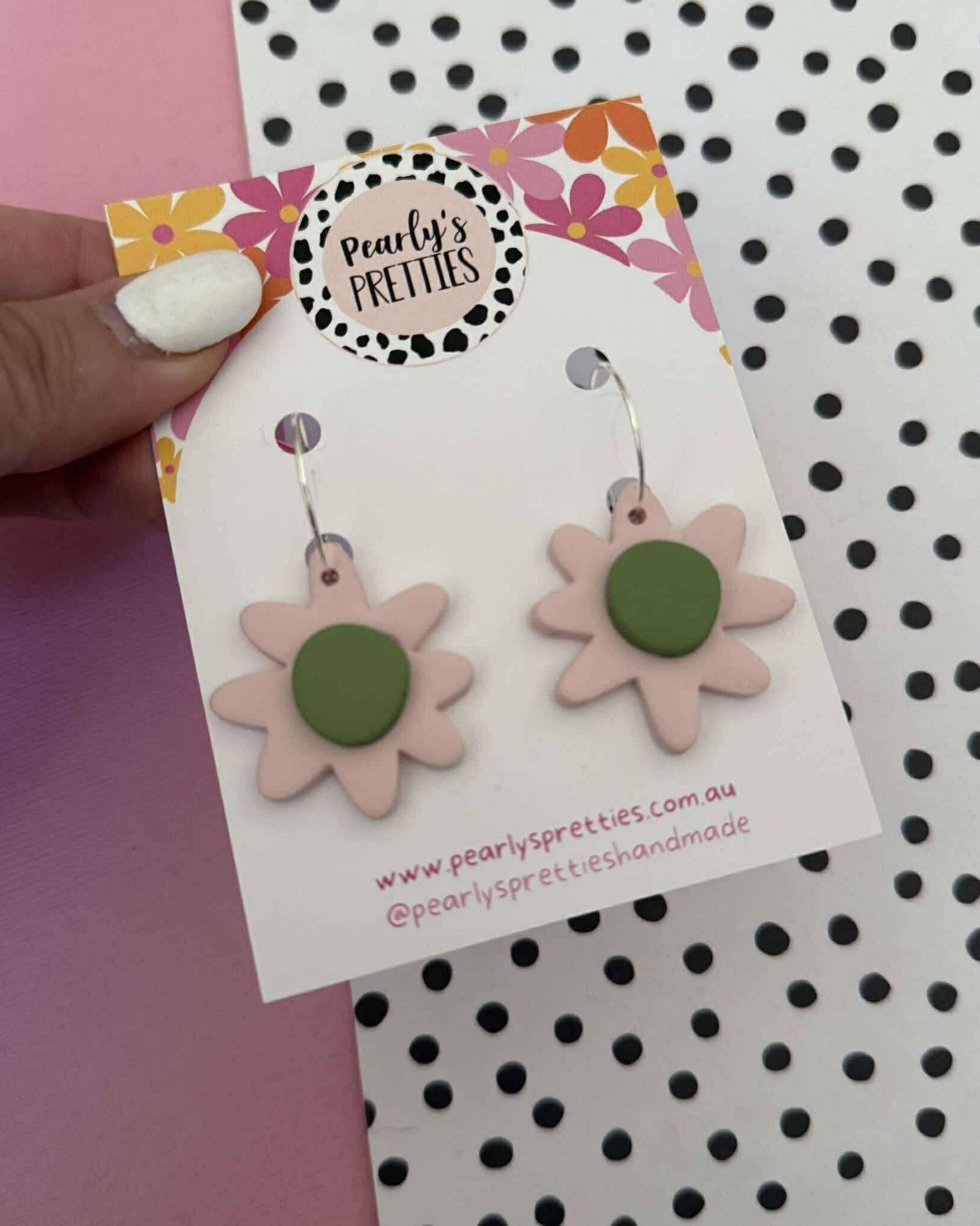 Polymer Clay Statement Hoop Earrings - Daisy Daze - Pale Pink & Olive