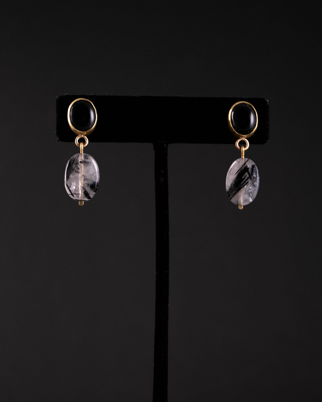 Dark Moon Stud Earrings - Brass, Onyx, Rutilated Quartz