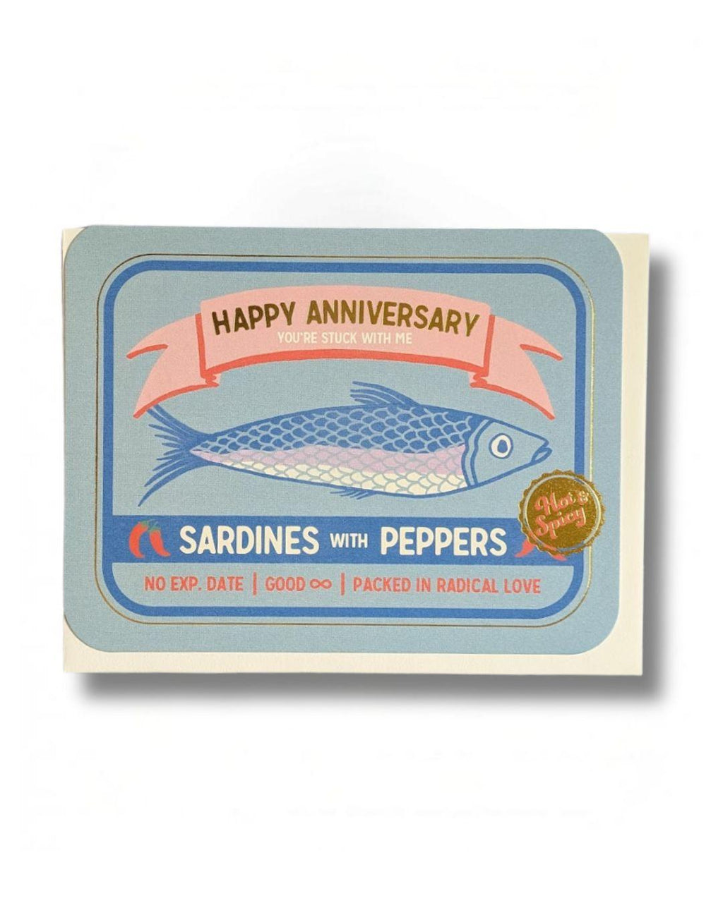 Card with sardine packaging design, featuring a fish and text on a light blue background.