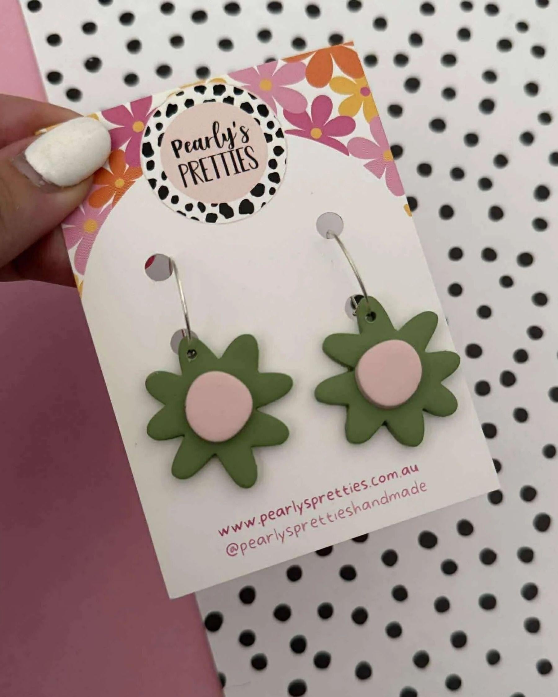 Polymer Clay Statement Hoop Earrings - Daisy Daze - Olive & Pale Pink