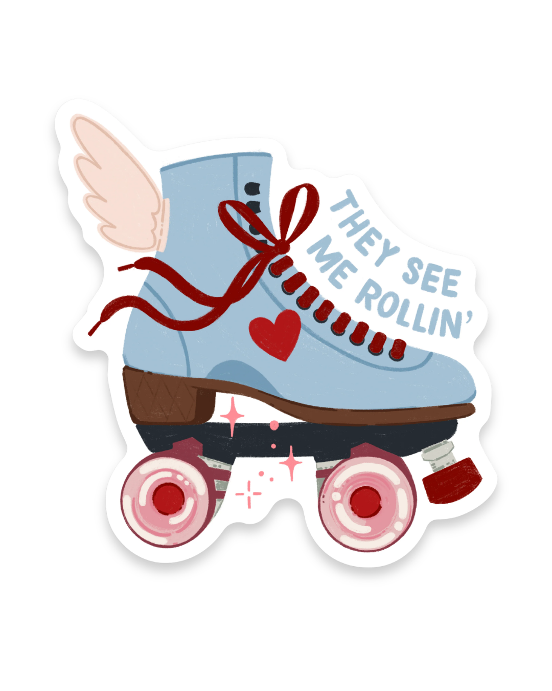 Cartoon roller skate with red laces and heart design, text 'They see me rollin'' on a white background