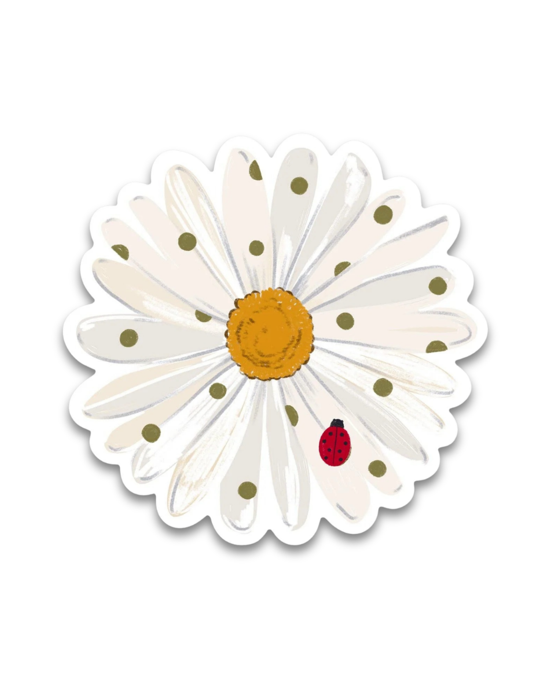 White daisy flower with yellow center and red ladybug on a white background