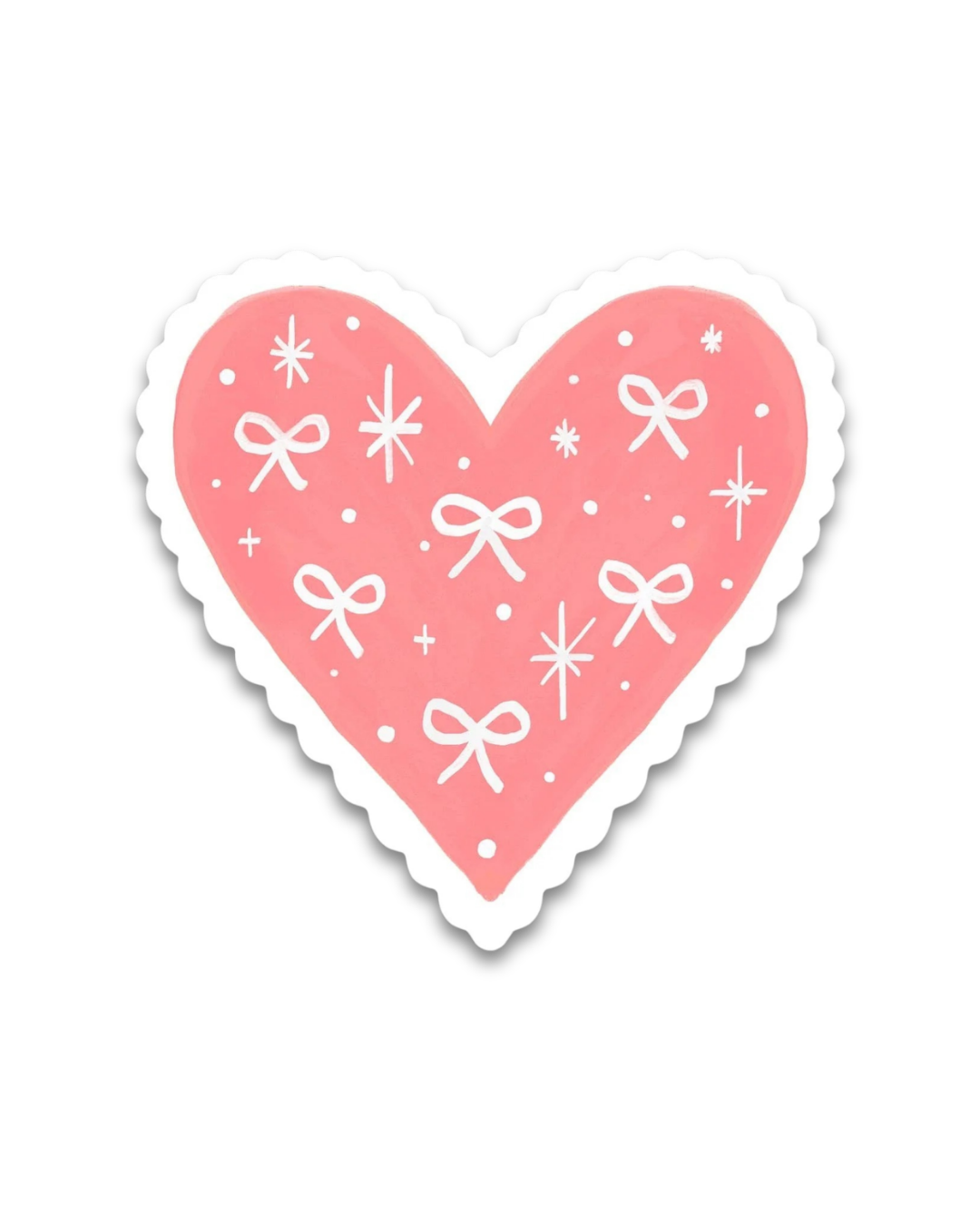 Pink heart-shaped sticker with white bows and stars on a white background