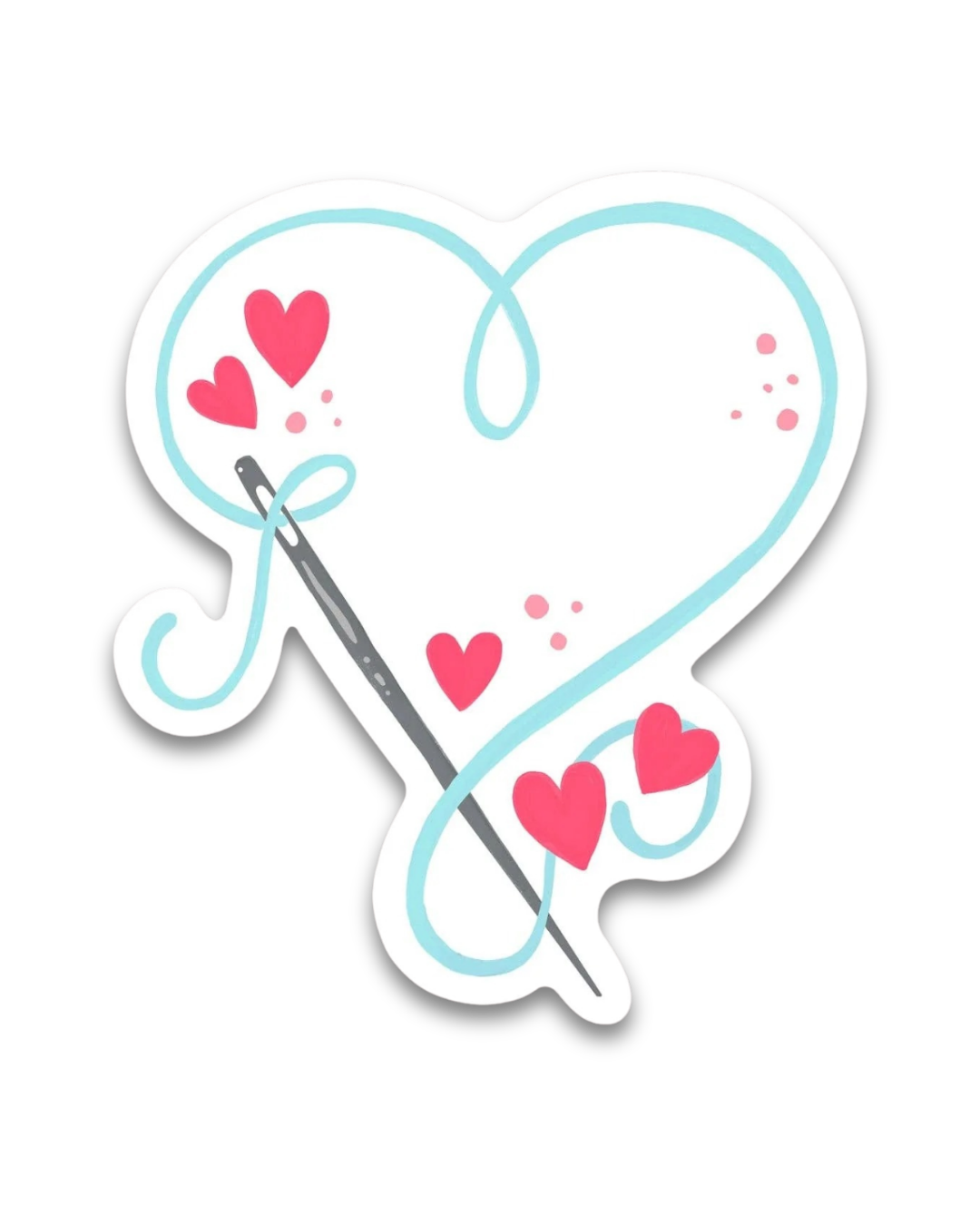 Sticker design with a heart, sewing needle, thread and hearts on a white background