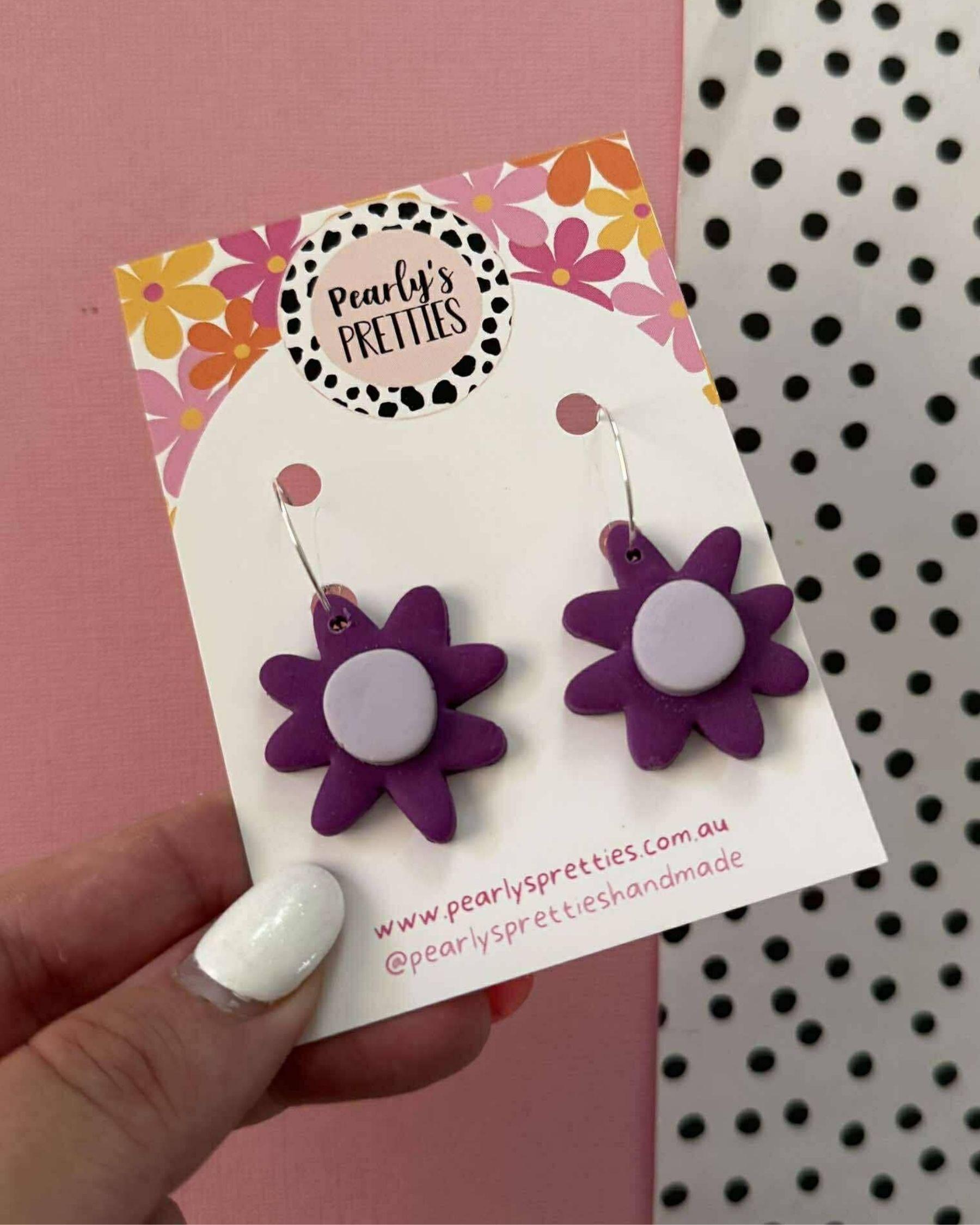 Polymer Clay Statement Hoop Earrings - Daisy Daze - Dark Purple & Lilac