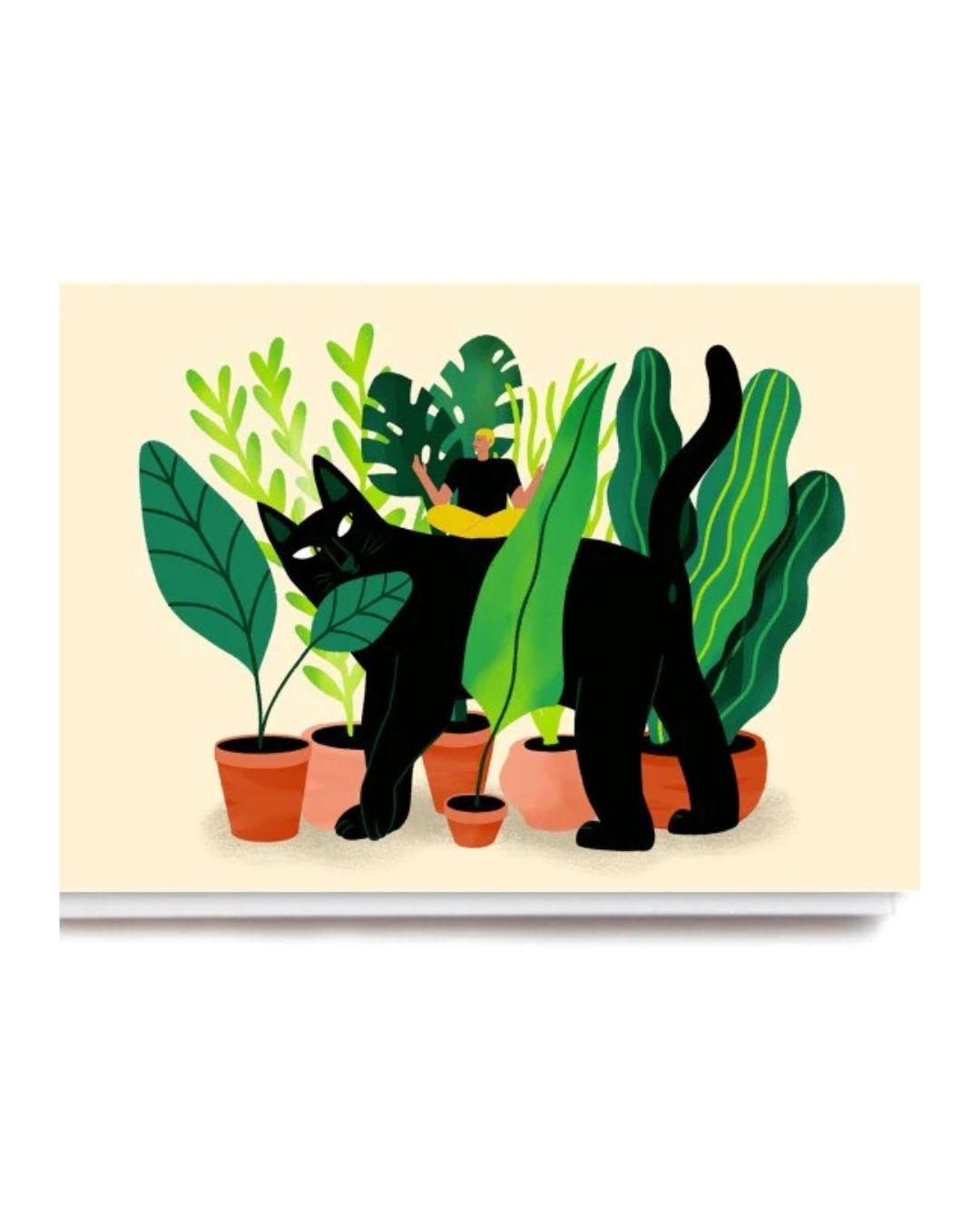 Illustration of a black cats among potted plants on a beige background