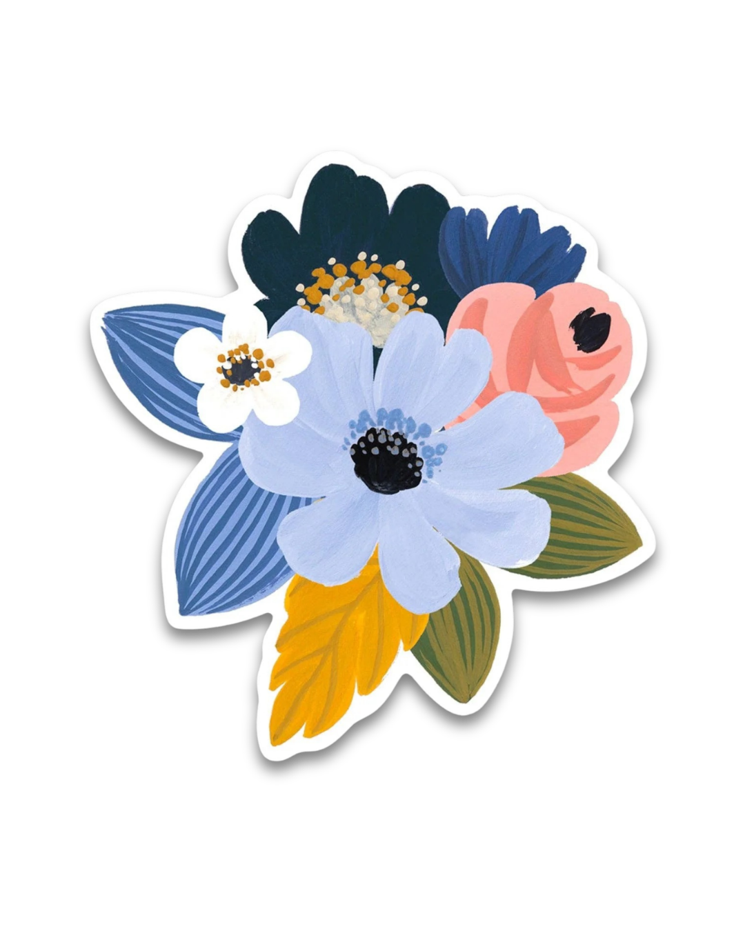 Colorful floral sticker with blue, pink, and yellow flowers on a white background
