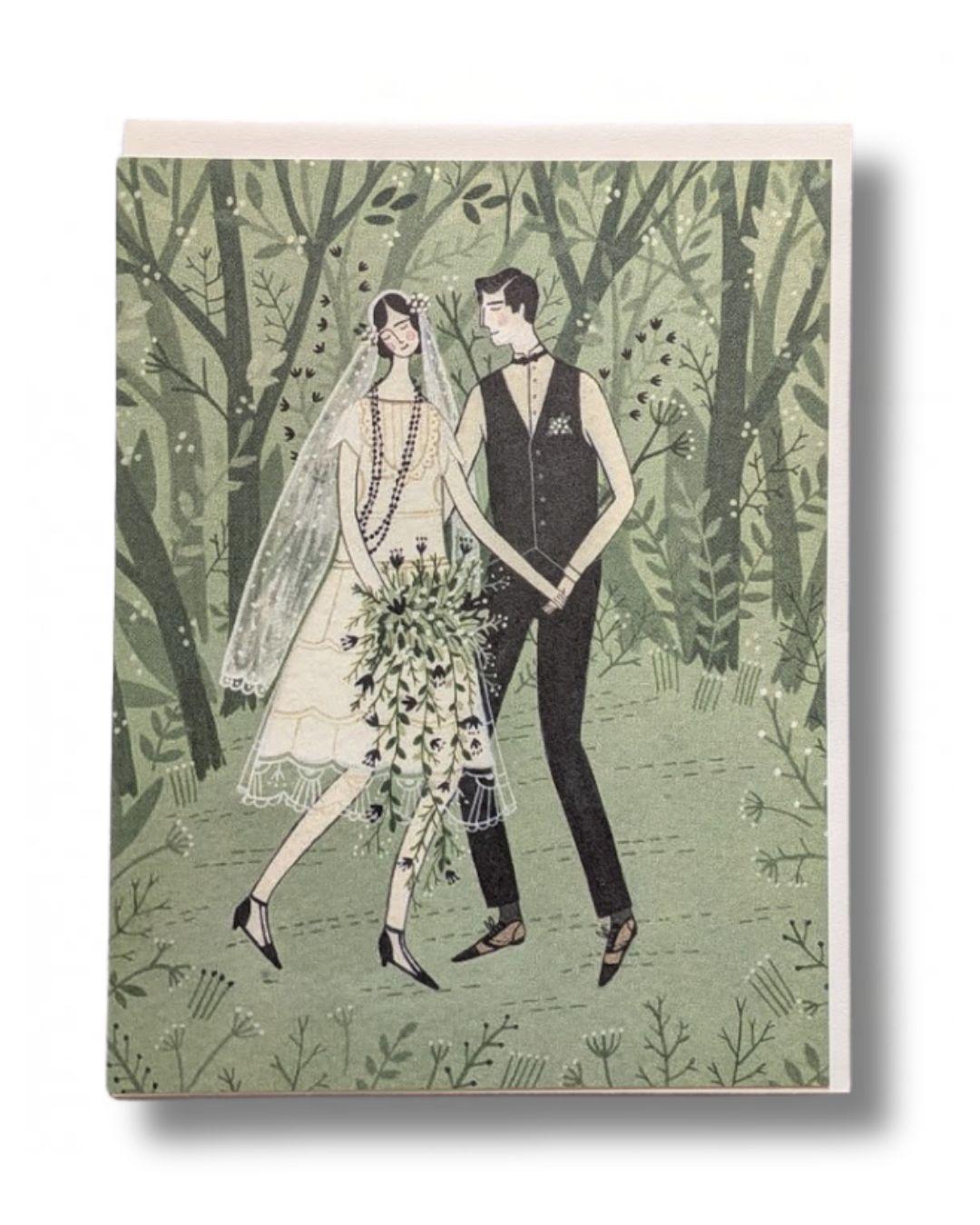 Illustration of a bride and groom walking in a forest on a greeting card.