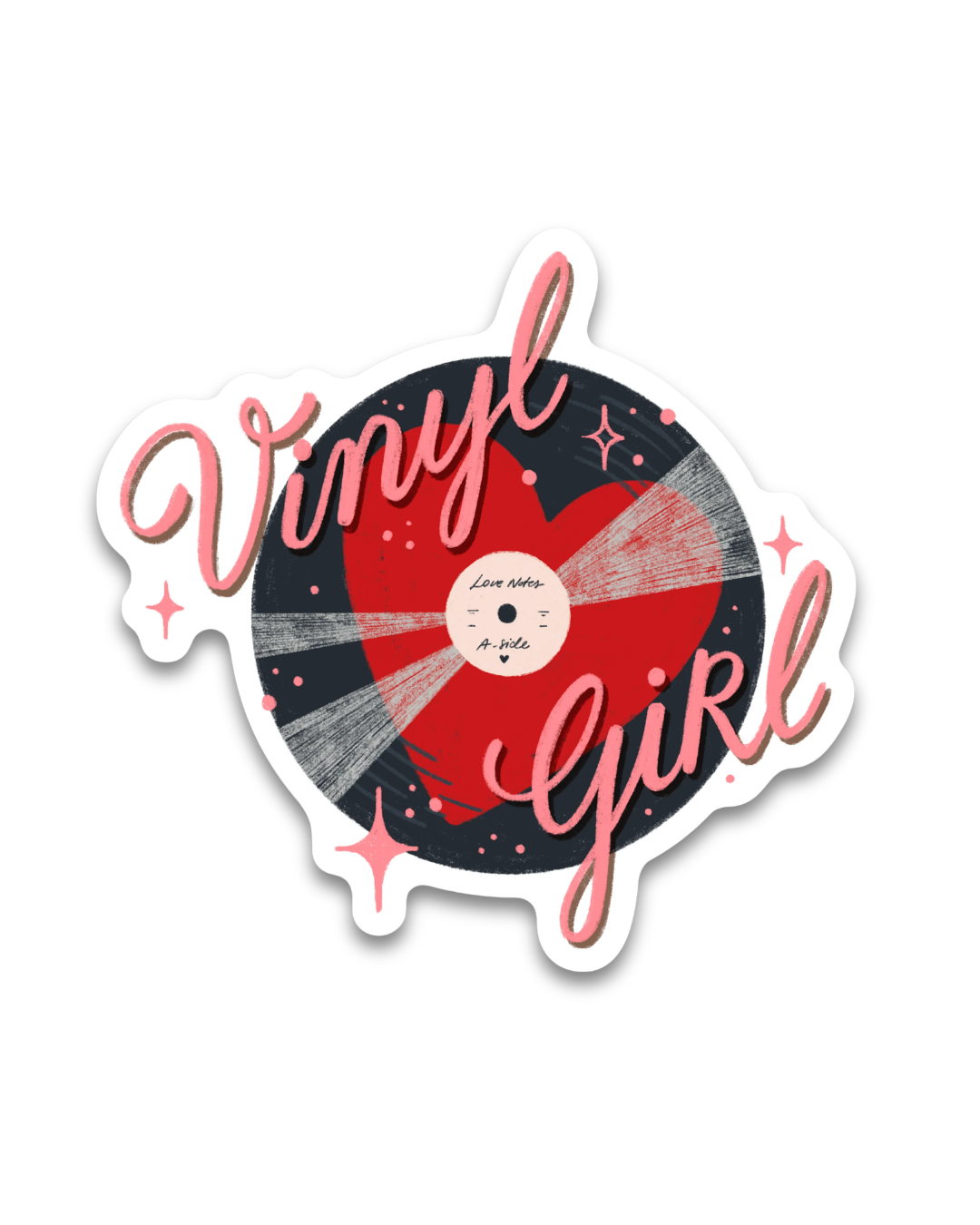 Sticker Vinyl record design with 'Vinyl Girl' text on a white background