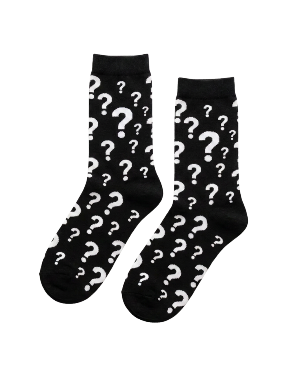 Black socks with white question mark pattern on a white background