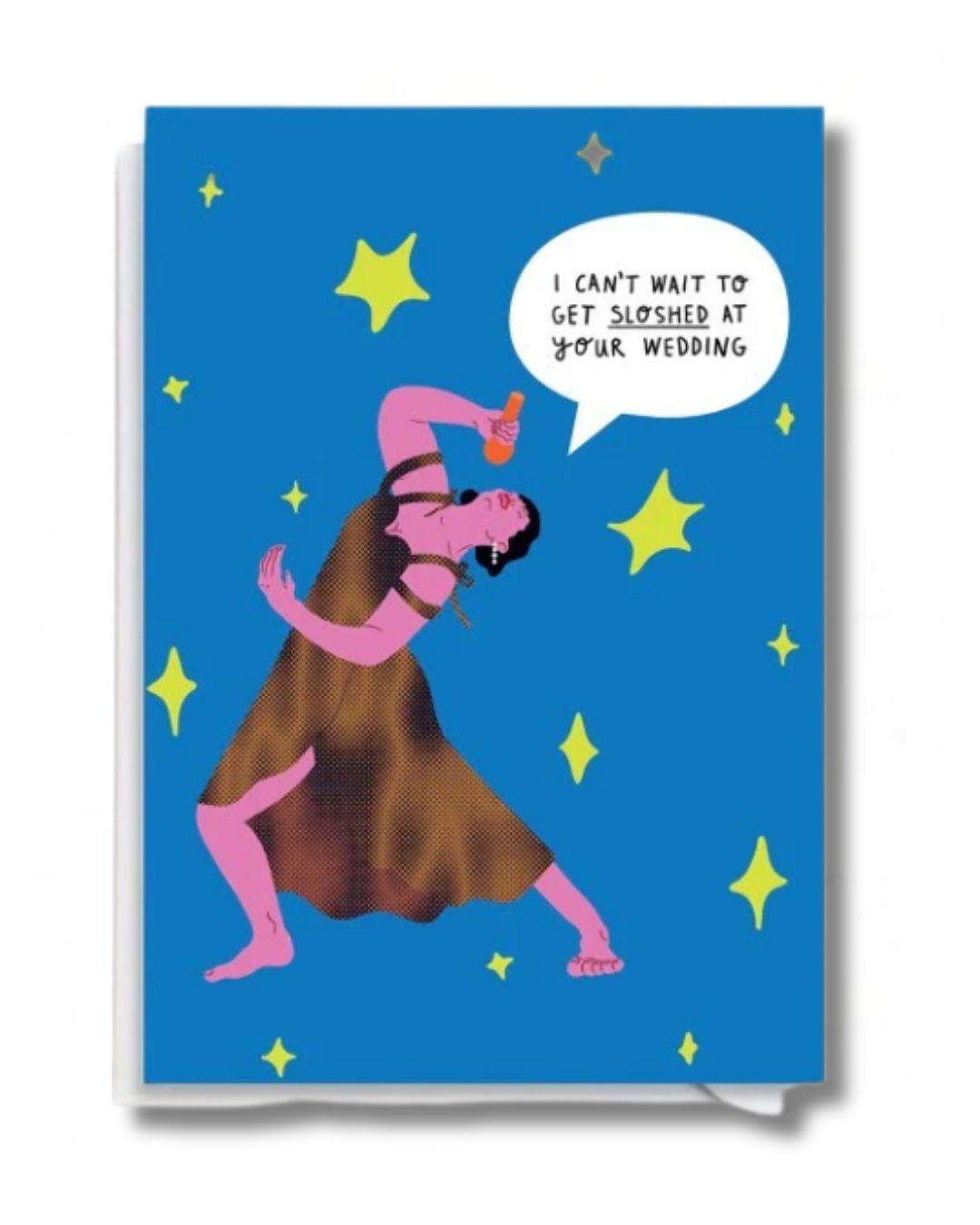 Card with a cartoon character and humorous text on a blue background with stars.