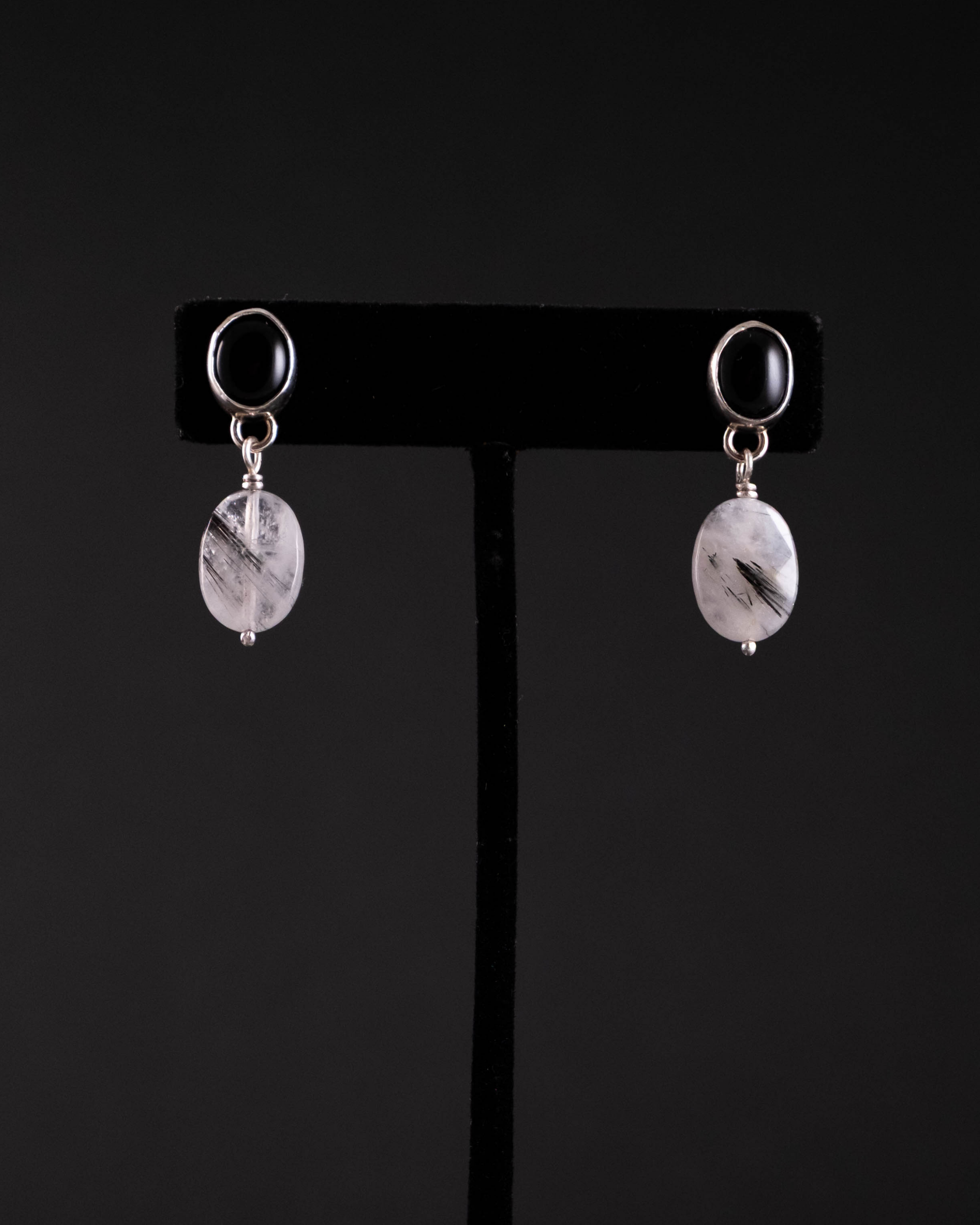 Dark Moon Stud Earrings - Silver, Onyx, Rutilated Quartz
