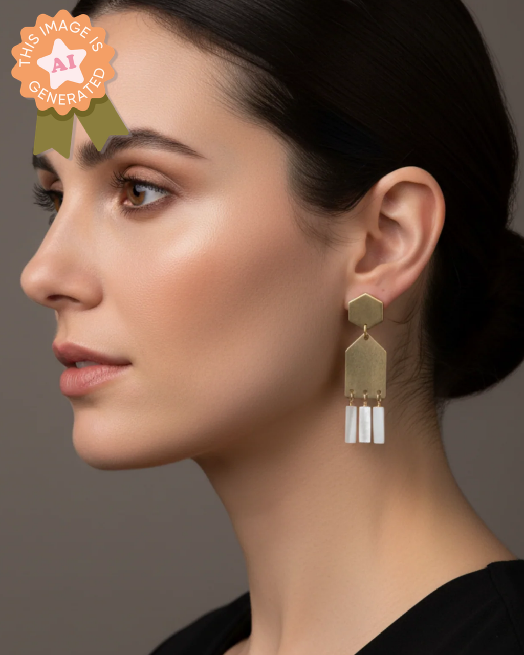 Woman wearing gold and mother of pearl earrings with a neutral background