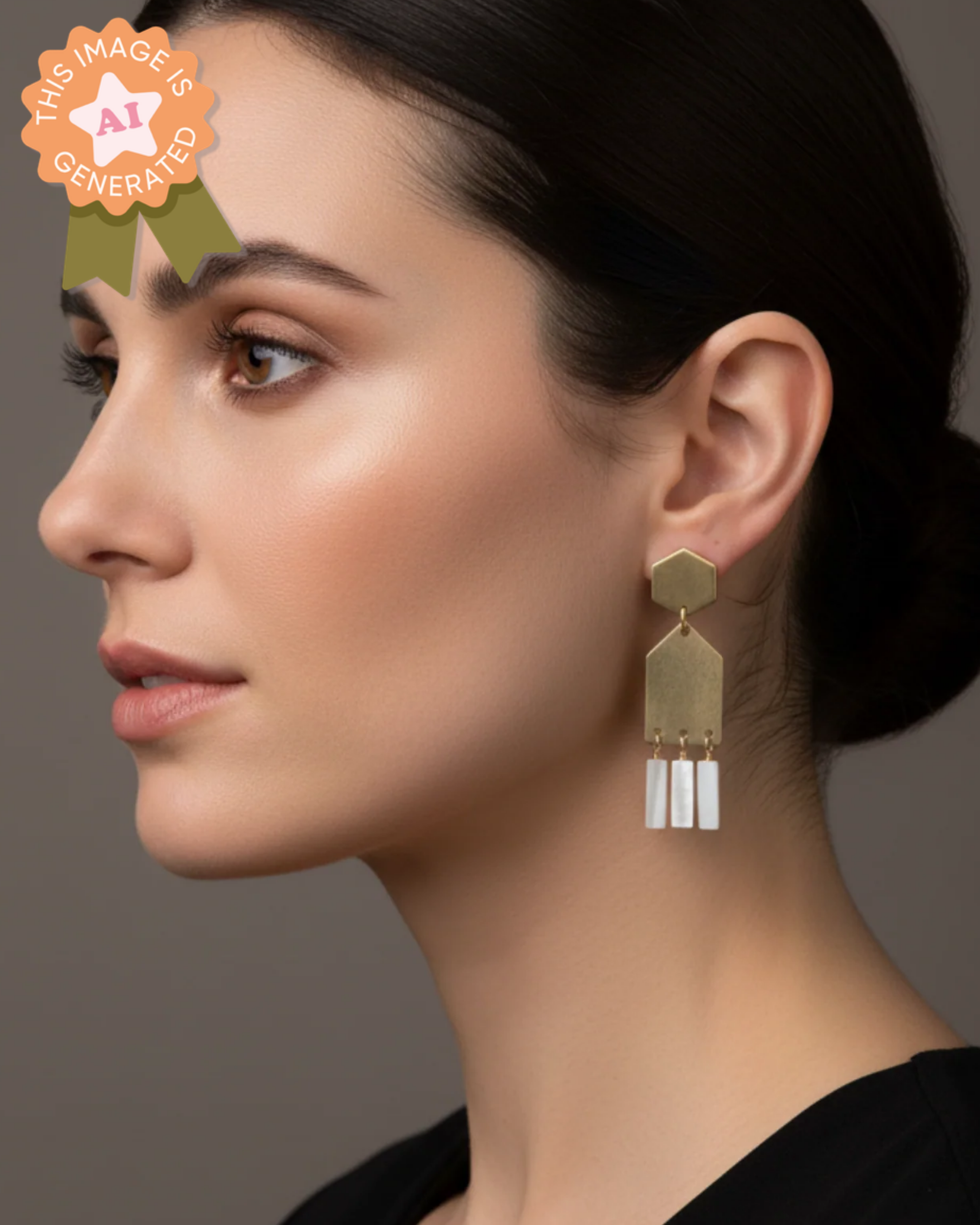 Woman wearing gold and mother of pearl earrings with a neutral background