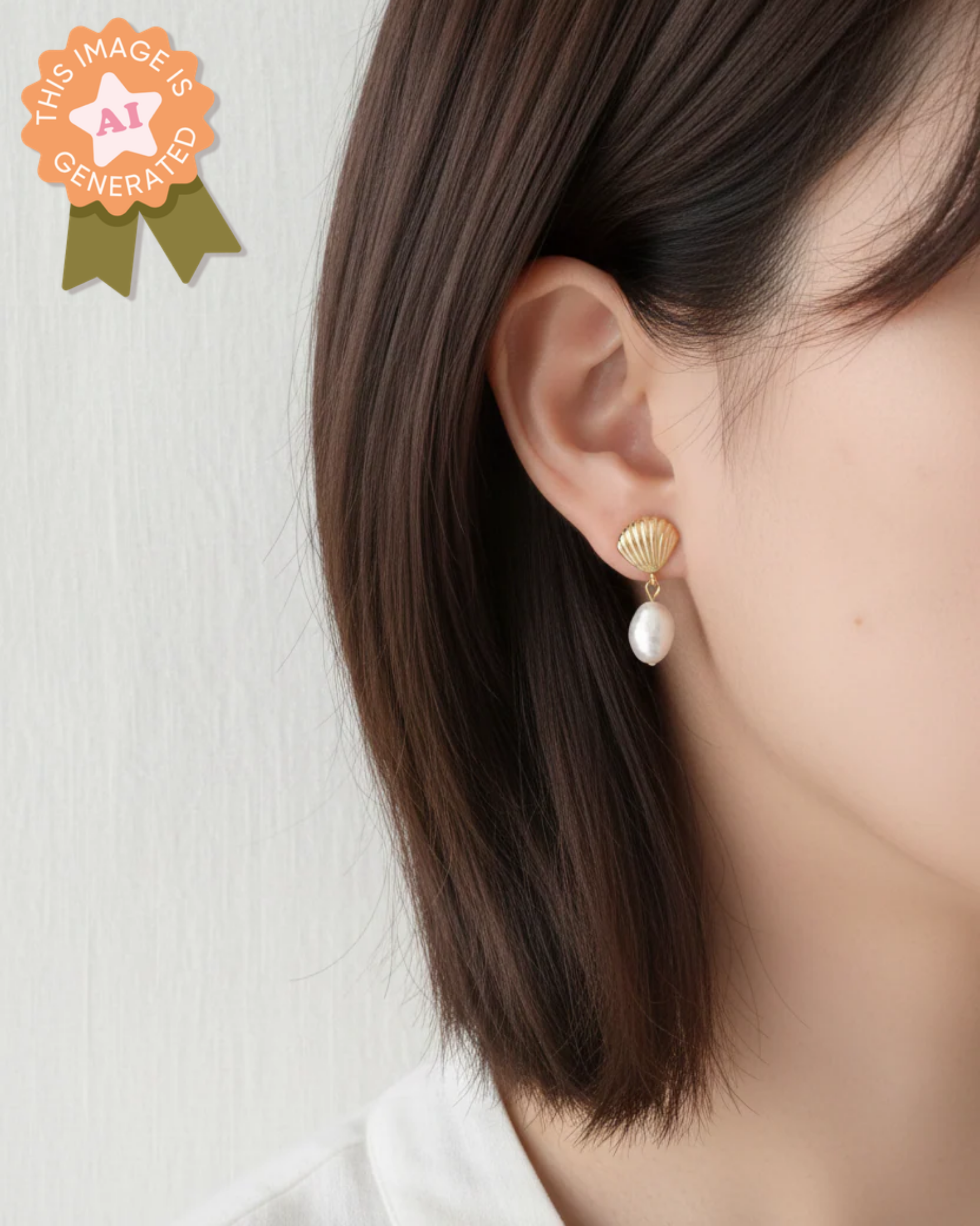 Gold shell earrings with pearls worn by a person against a neutral background