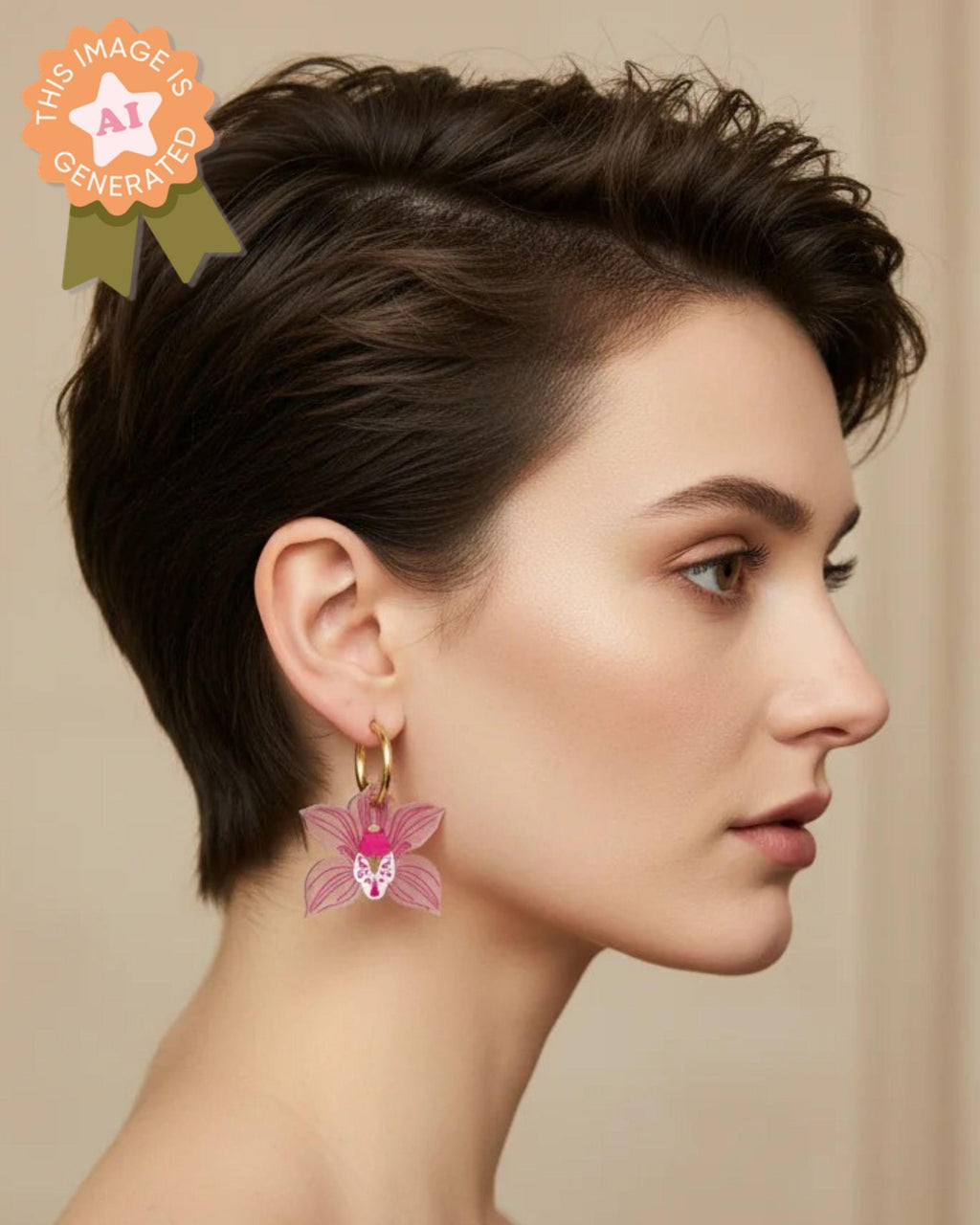 Person wearing orchid earrings with a neutral background