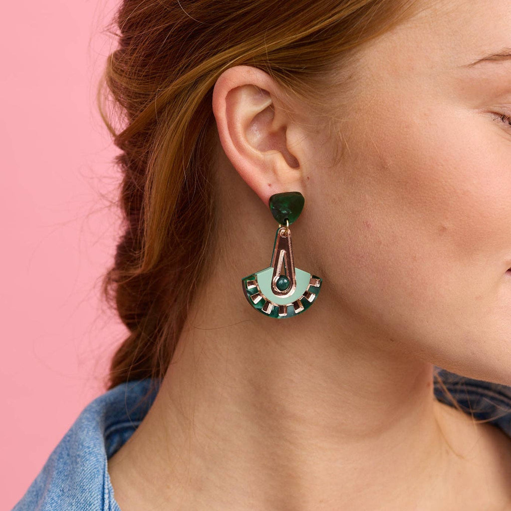 Electra Deco Earrings - Green & Rose