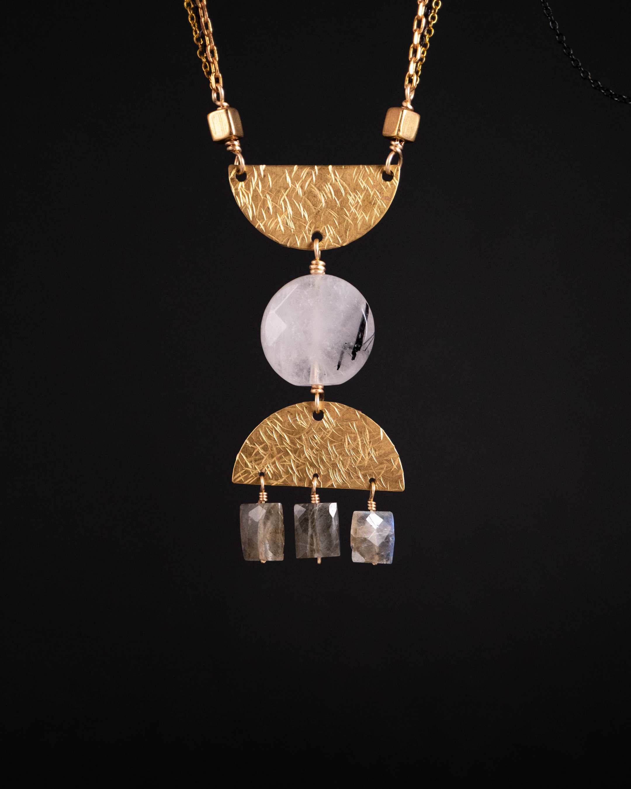 Cutting Shapes Necklace - Brass, Rutilated Quartz & Labradorite