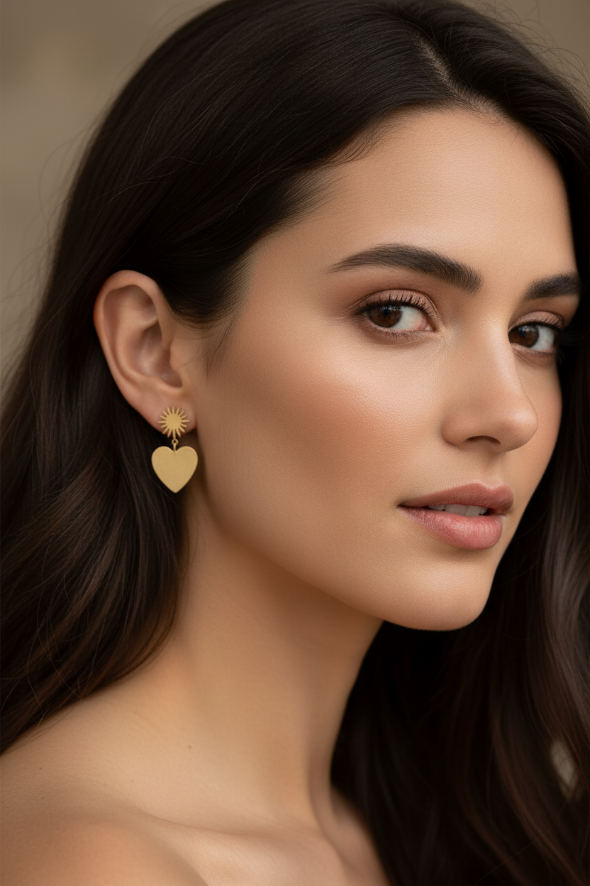 Gold heart-shaped earring on a white ear with a dark background