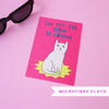Microfibre cloth with a cat illustration and text on a pink background