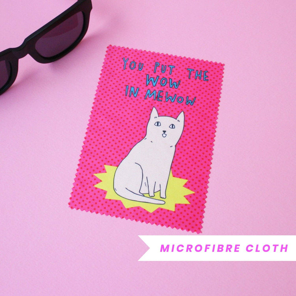Microfibre cloth with a cat illustration and text on a pink background