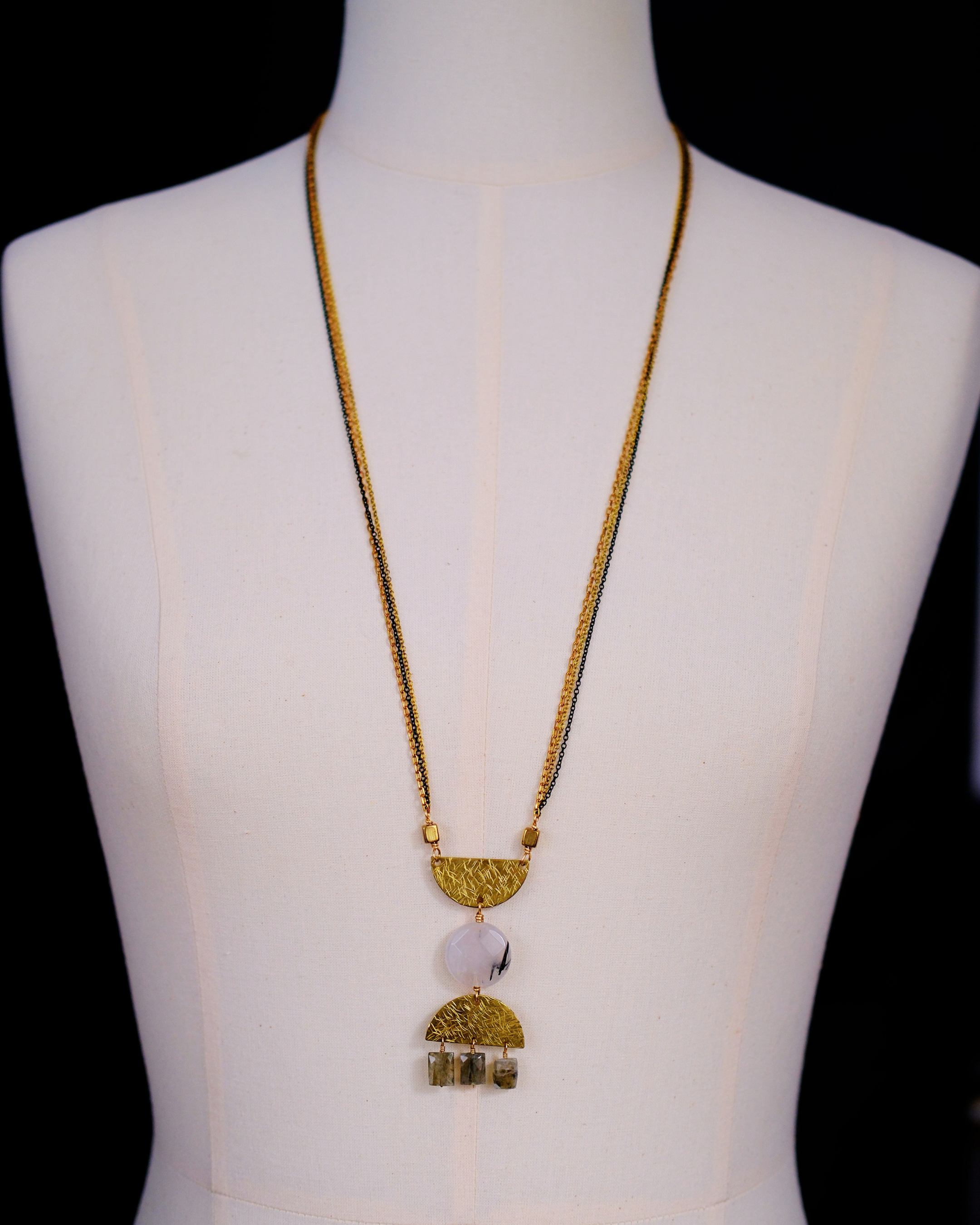 Cutting Shapes Necklace - Brass, Rutilated Quartz & Labradorite