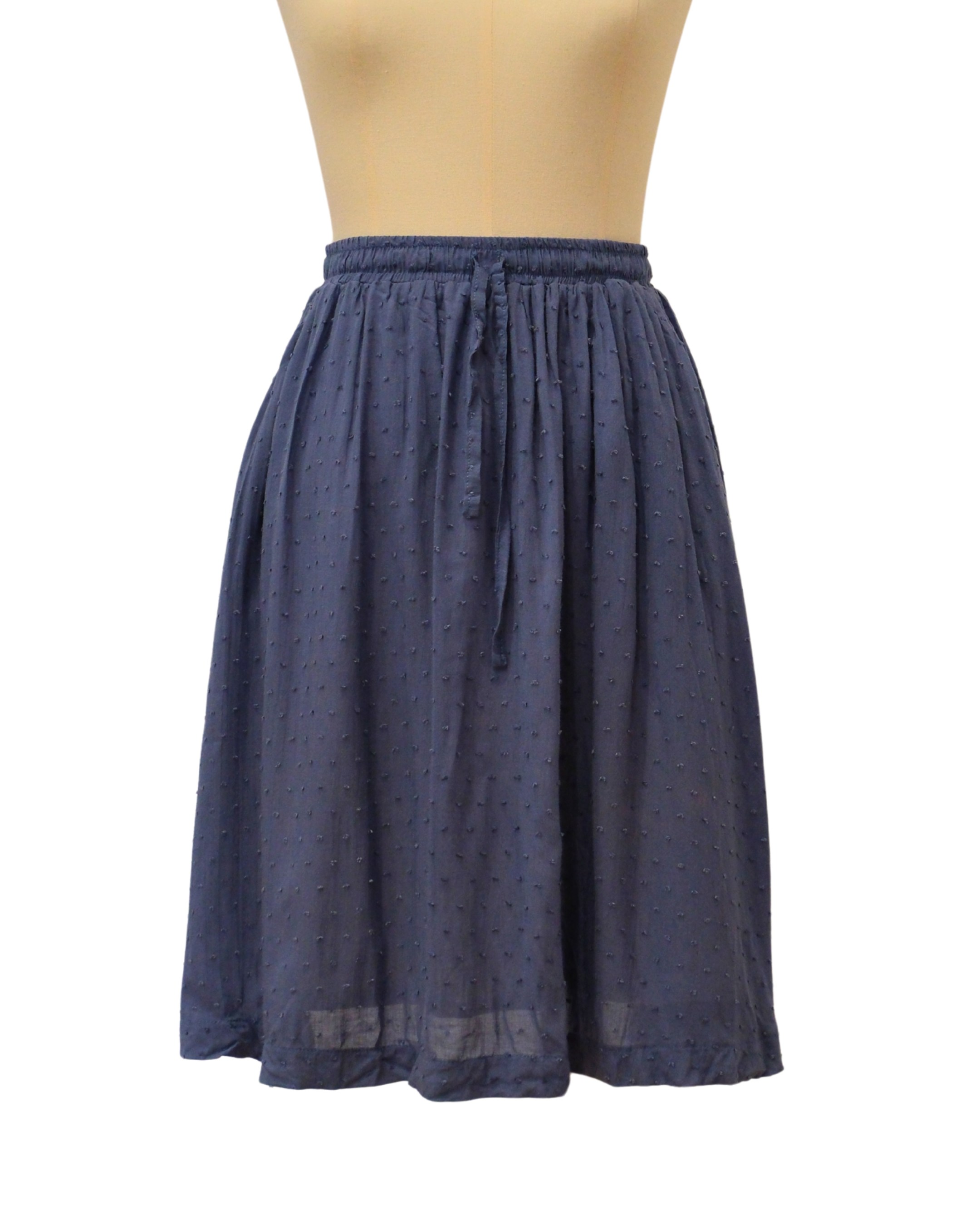 Navy blue skirt on a mannequin against a white background