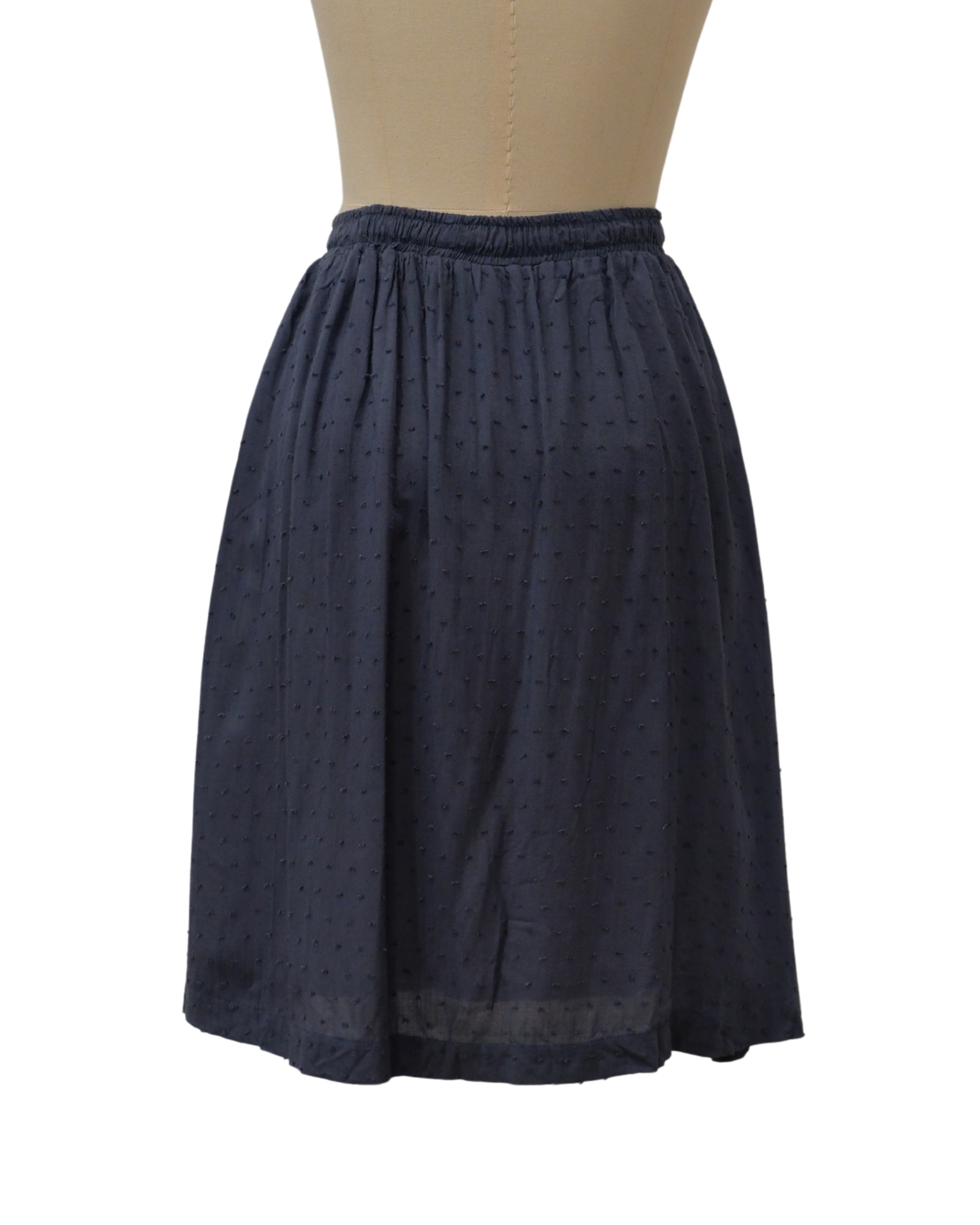 Navy blue skirt on a mannequin with a white background