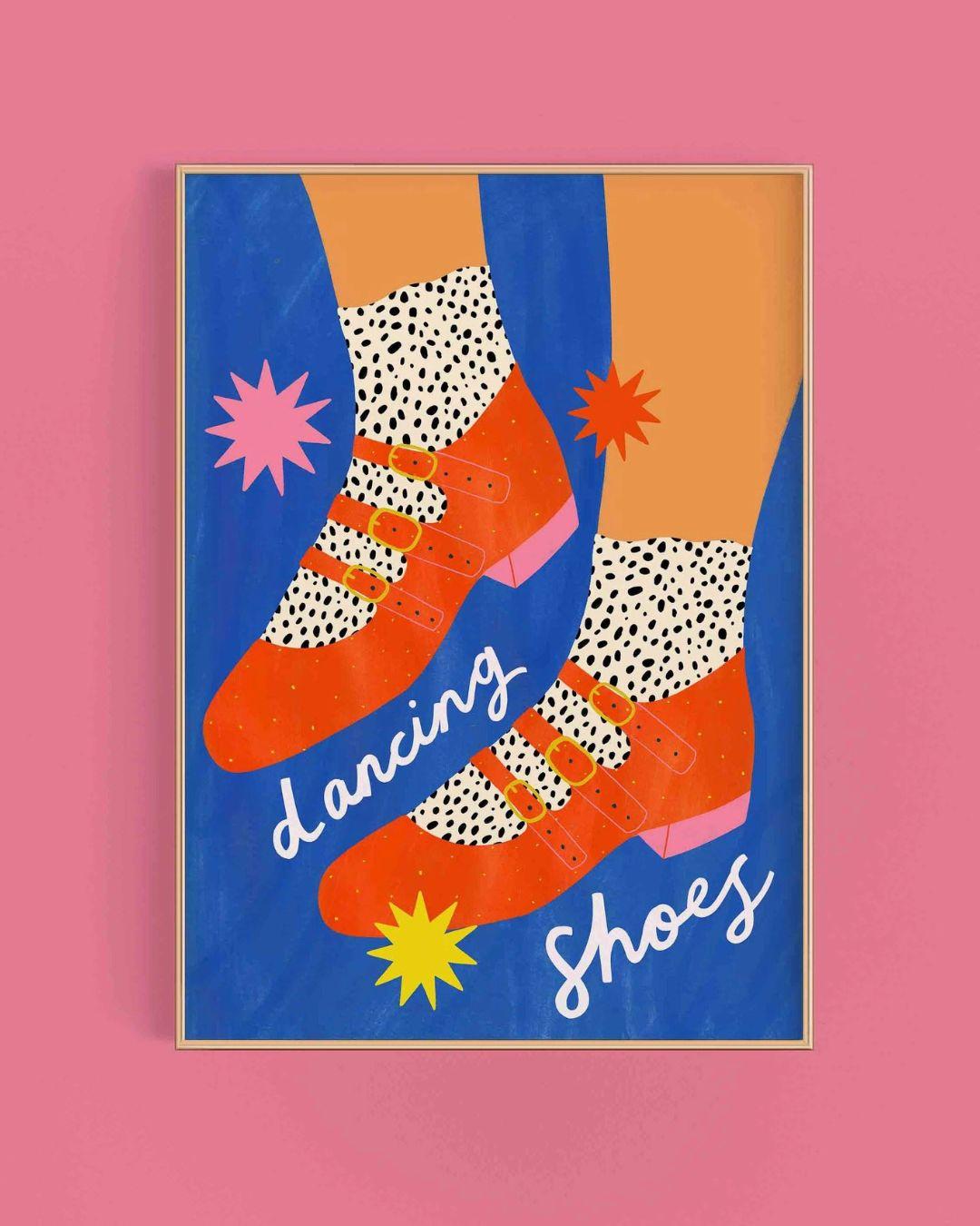 Illustration of feet in red shoes with polka dot socks on a blue background, framed against a pink wall.