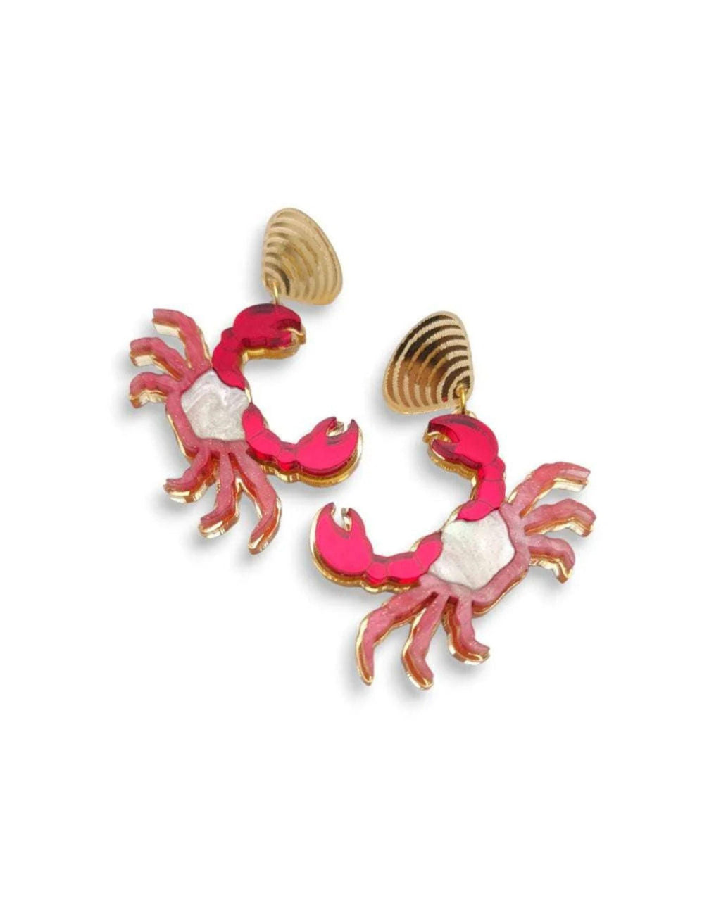 Pair of pink crab-shaped earrings with gold accents on a white background