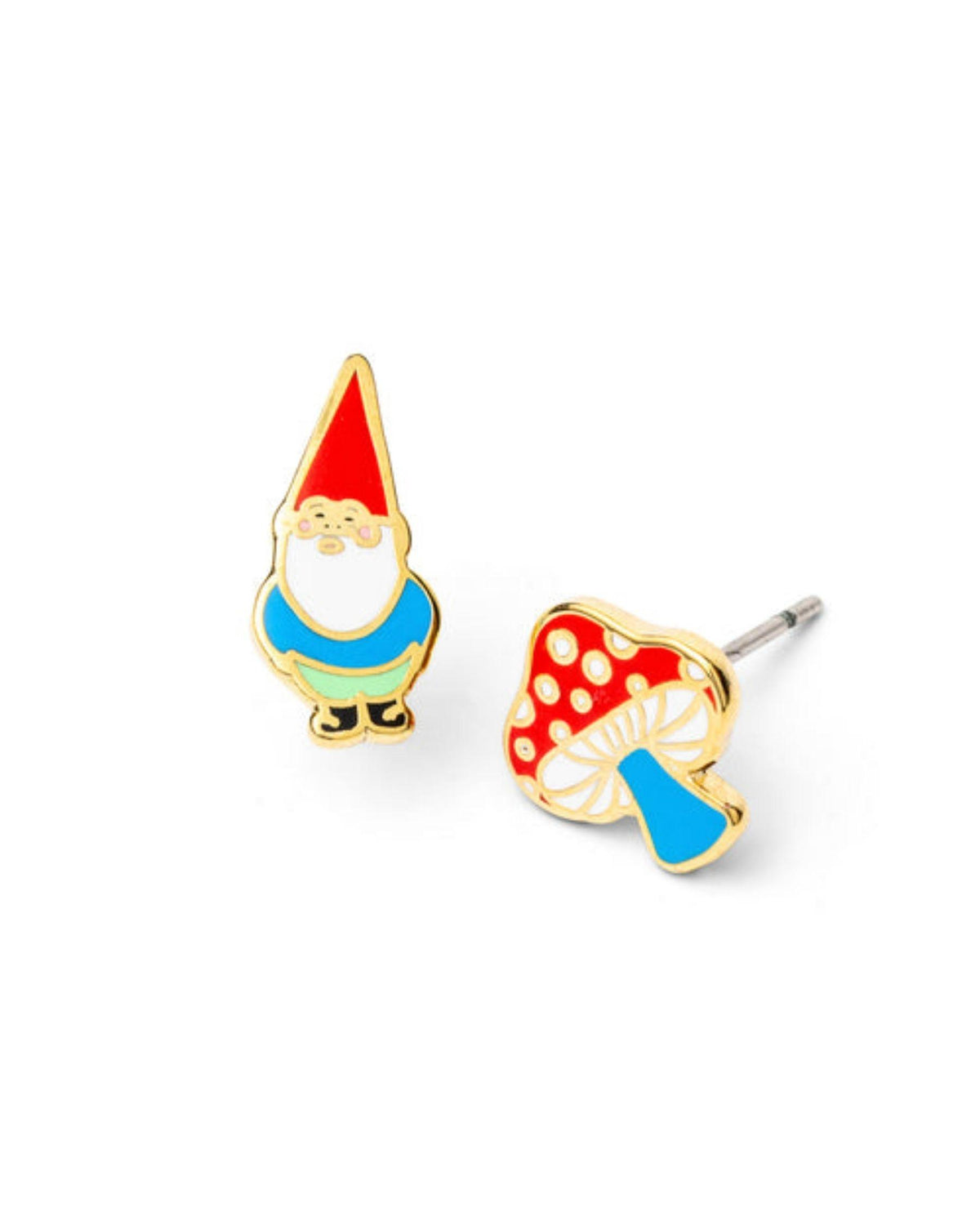 Asymmetrical Cloisonné Stud Earrings - Gnome & Mushroom