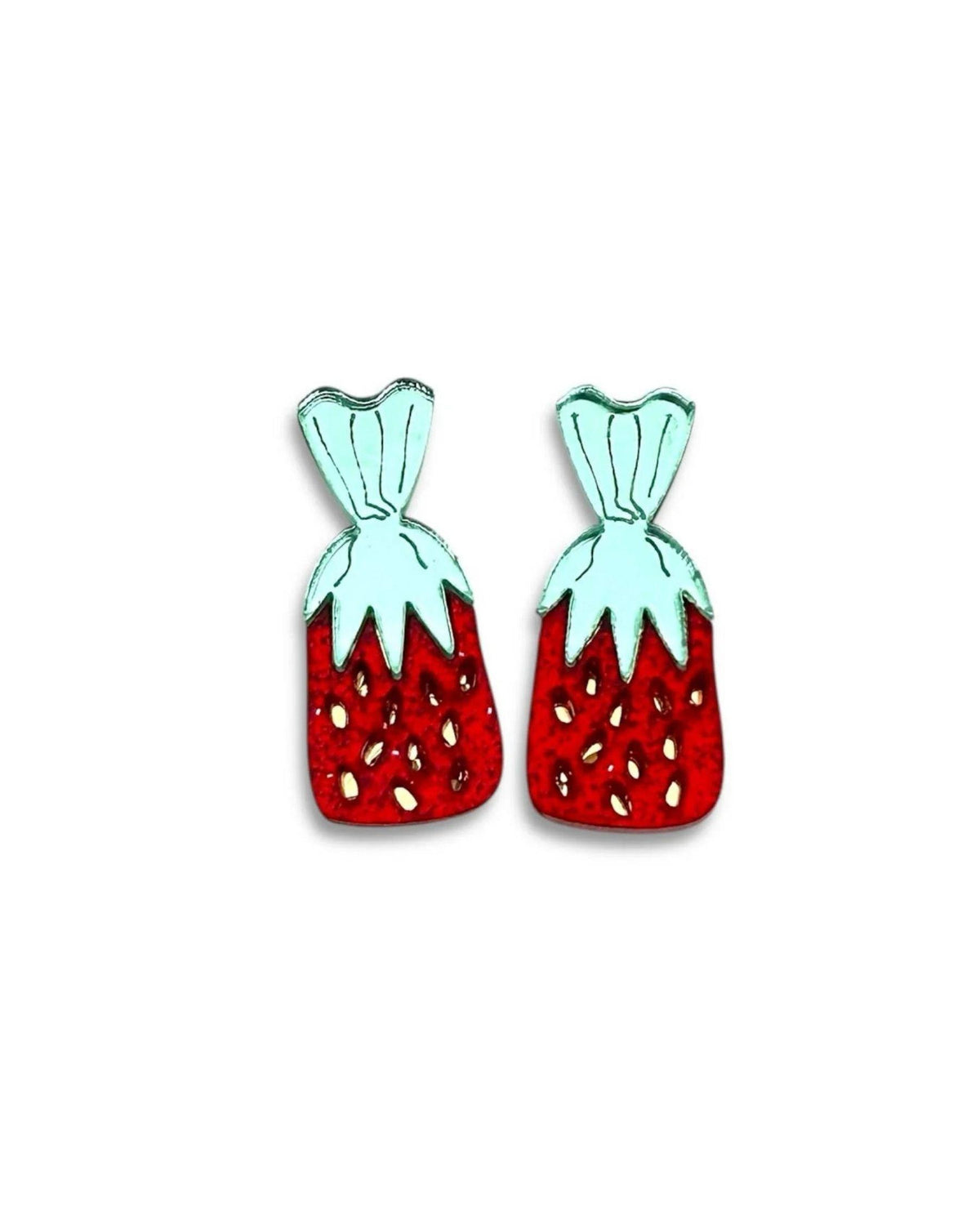 A pair of strawberry-shaped stud earrings with light mint green tops and red bodies detailed with white seeds, shown on a plain white background.