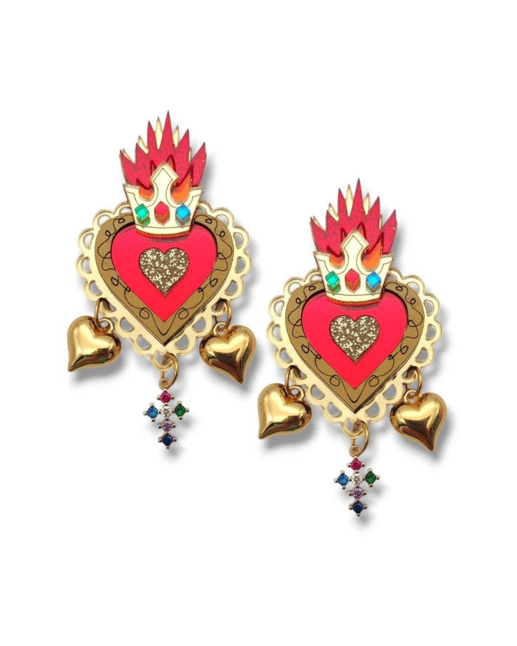Decorative earrings with heart designs and colorful accents on a white background