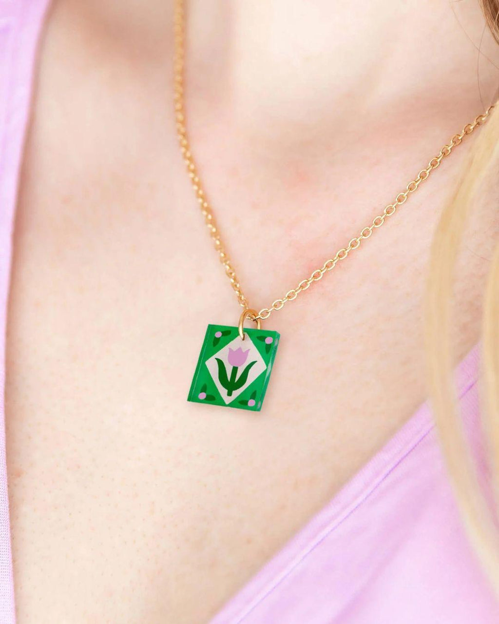 Charm Necklace - Floral Green Pink