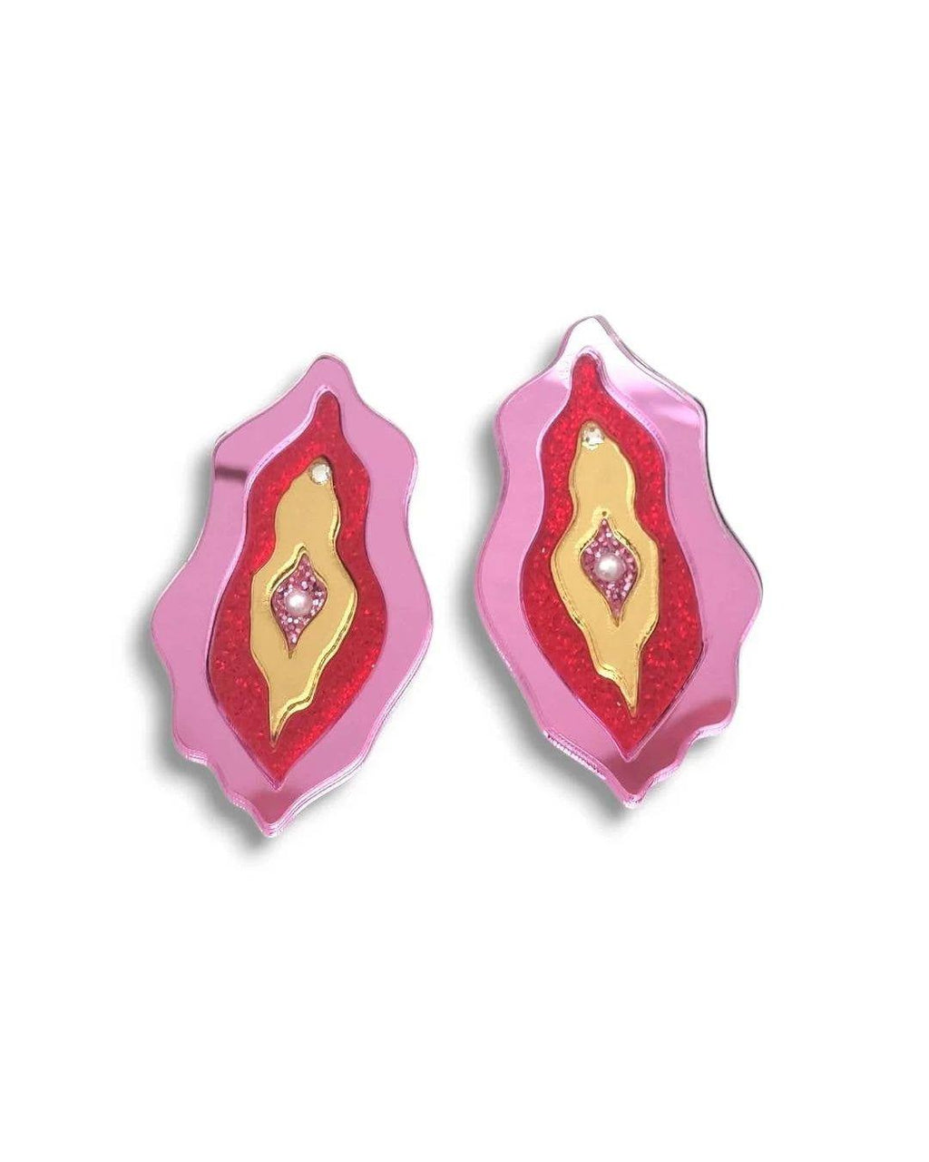 Pair of female anatomy earrings with pink and gold design on a white background