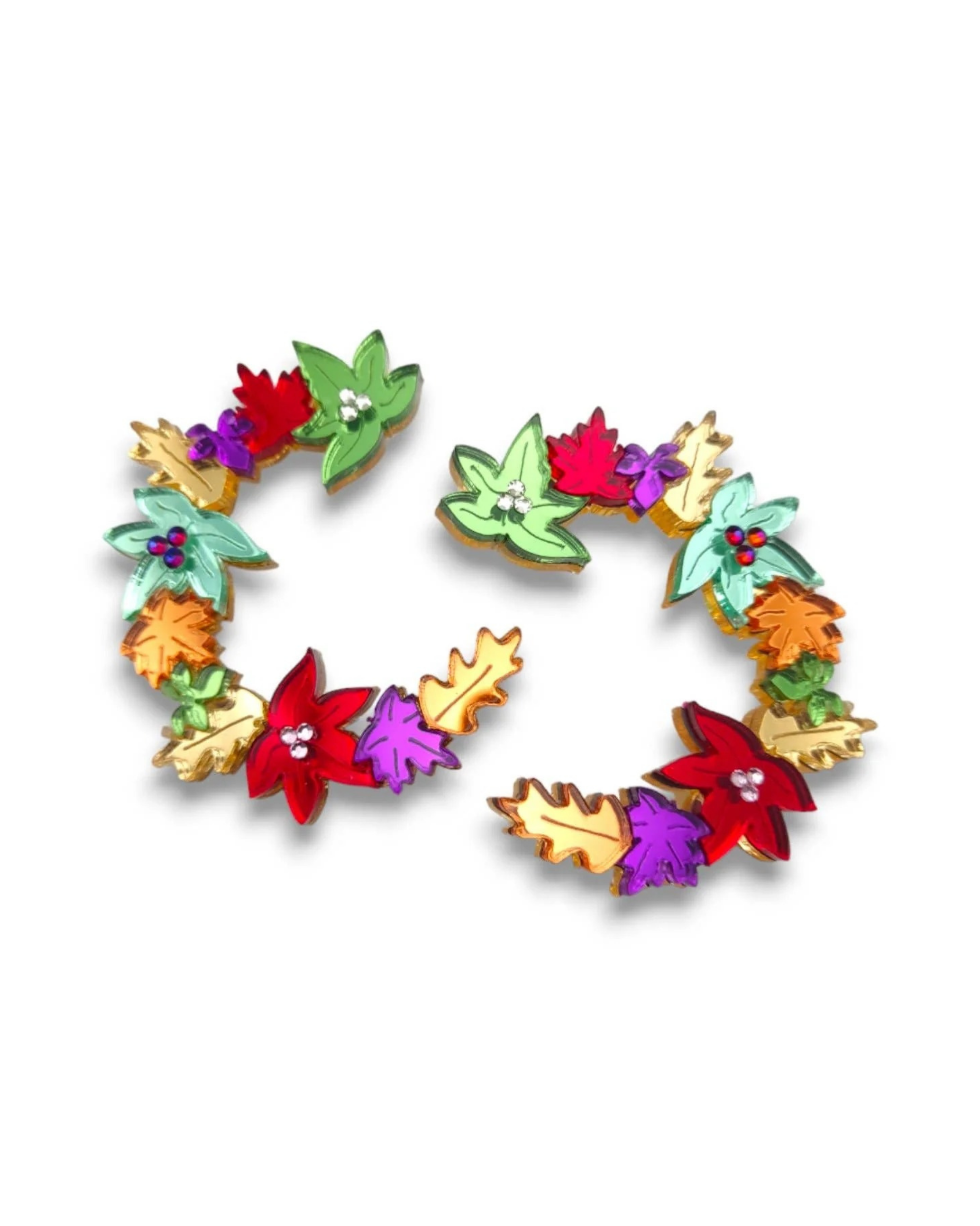 Colorful wreath-shaped earrings on a white background