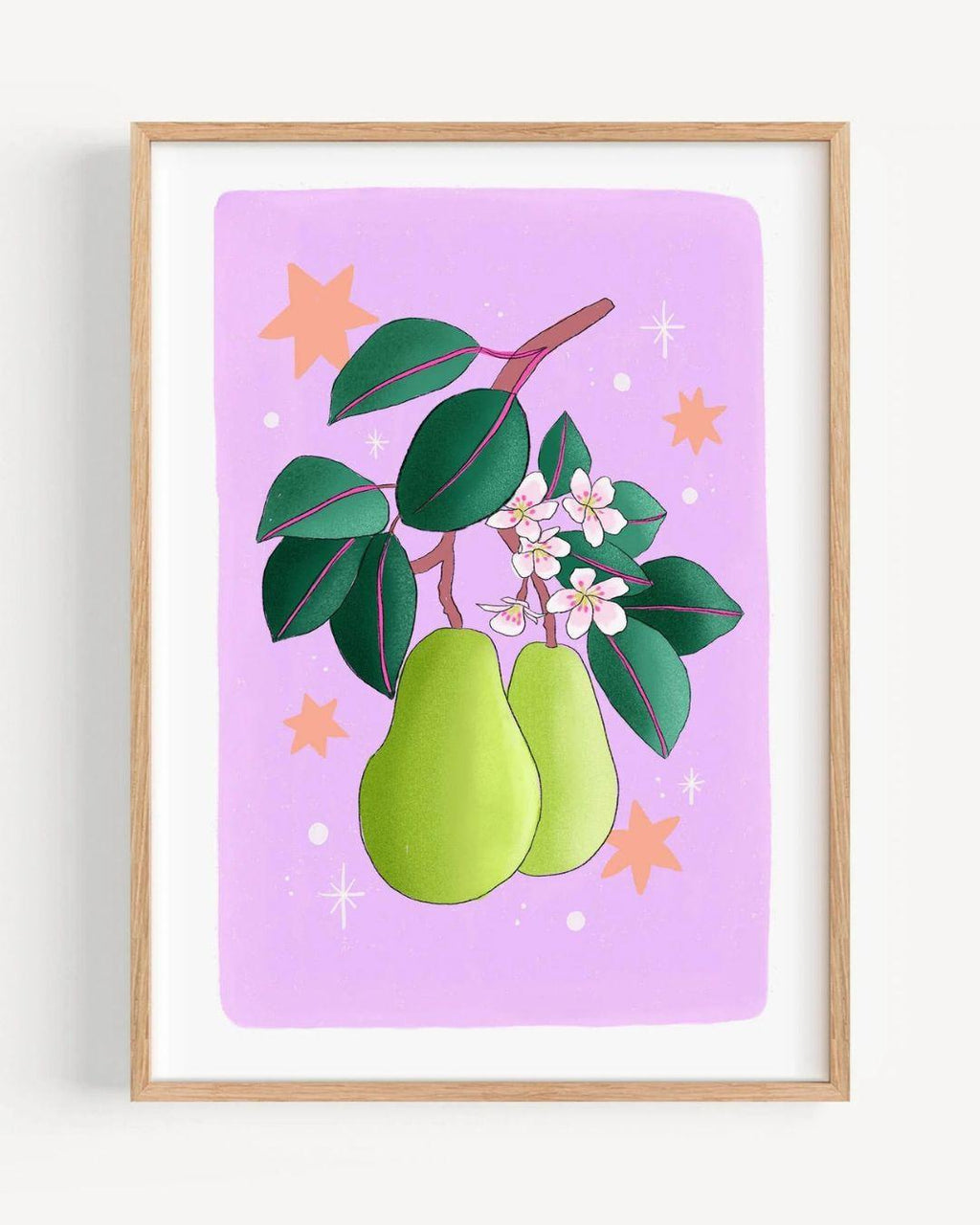 Framed artwork of green pears on a pink background with leaves and stars.