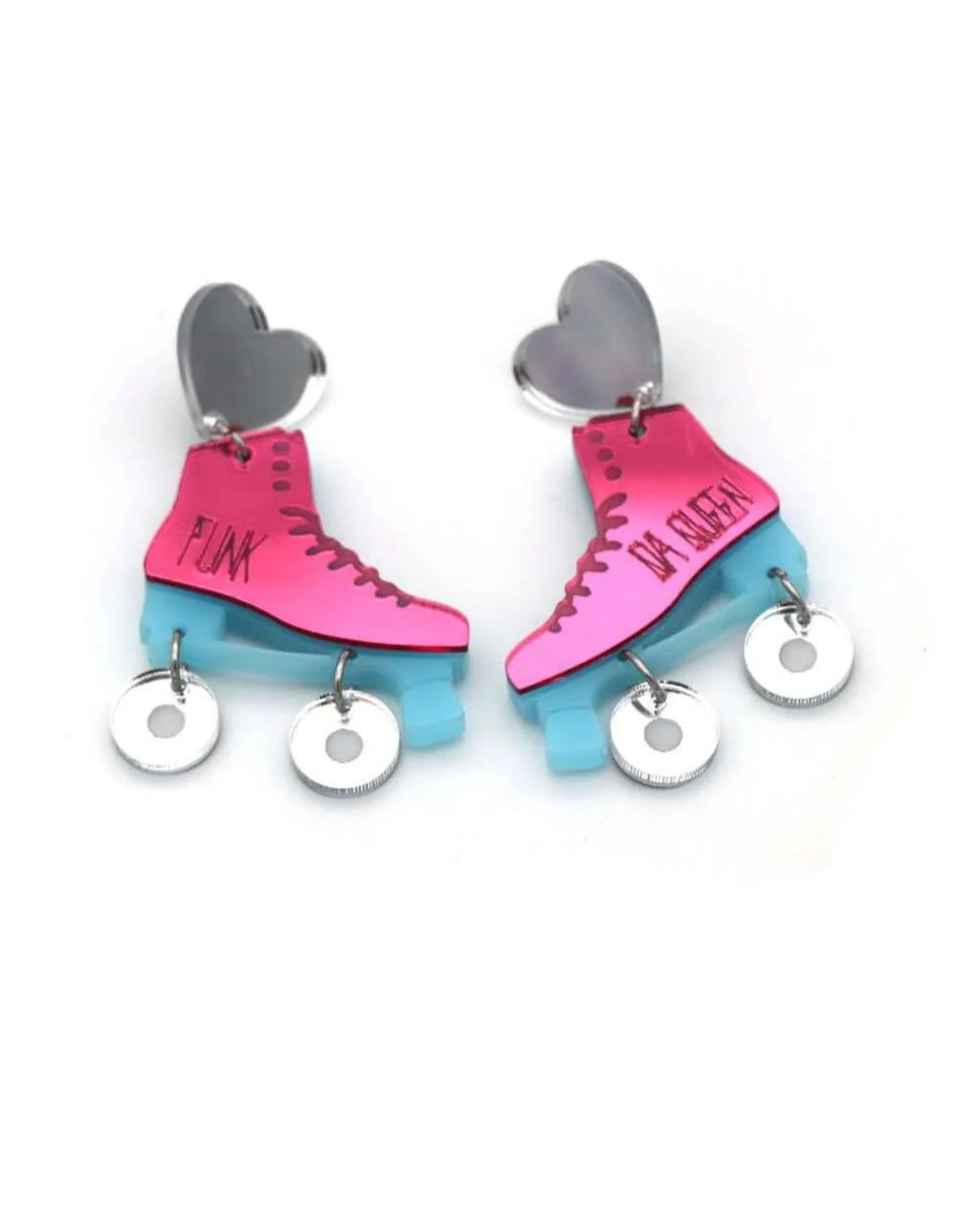 Pink roller skate earrings with heart-shaped details on a white background