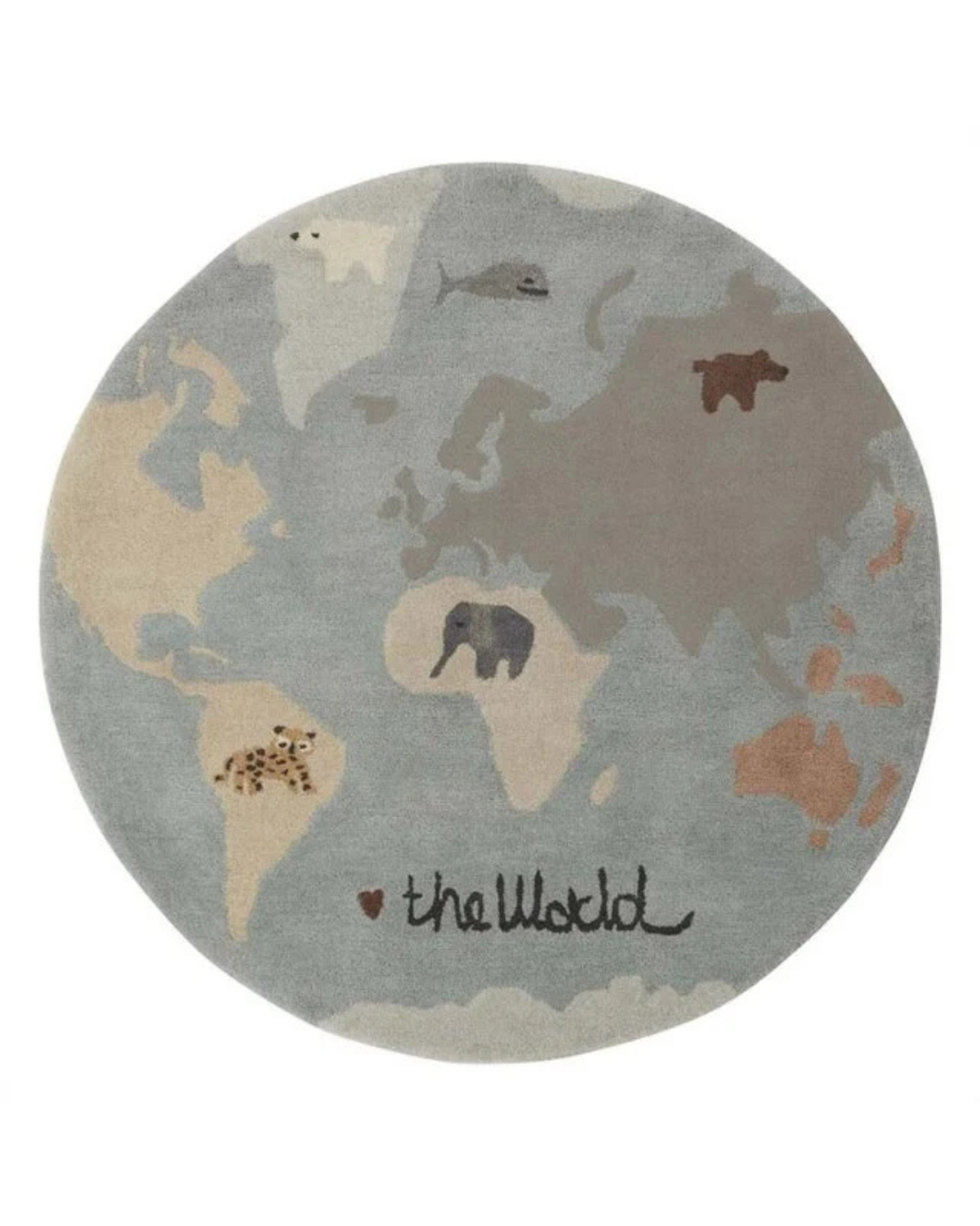 A round area rug featuring a stylized world map design in muted gray, beige, and brown tones, with animal illustrations and the text 'the World' near the bottom.