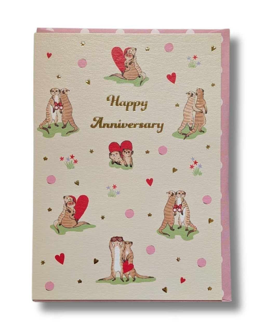 Greeting card with cartoon meerkats holding hearts and 'Happy Anniversary' text on a patterned background.