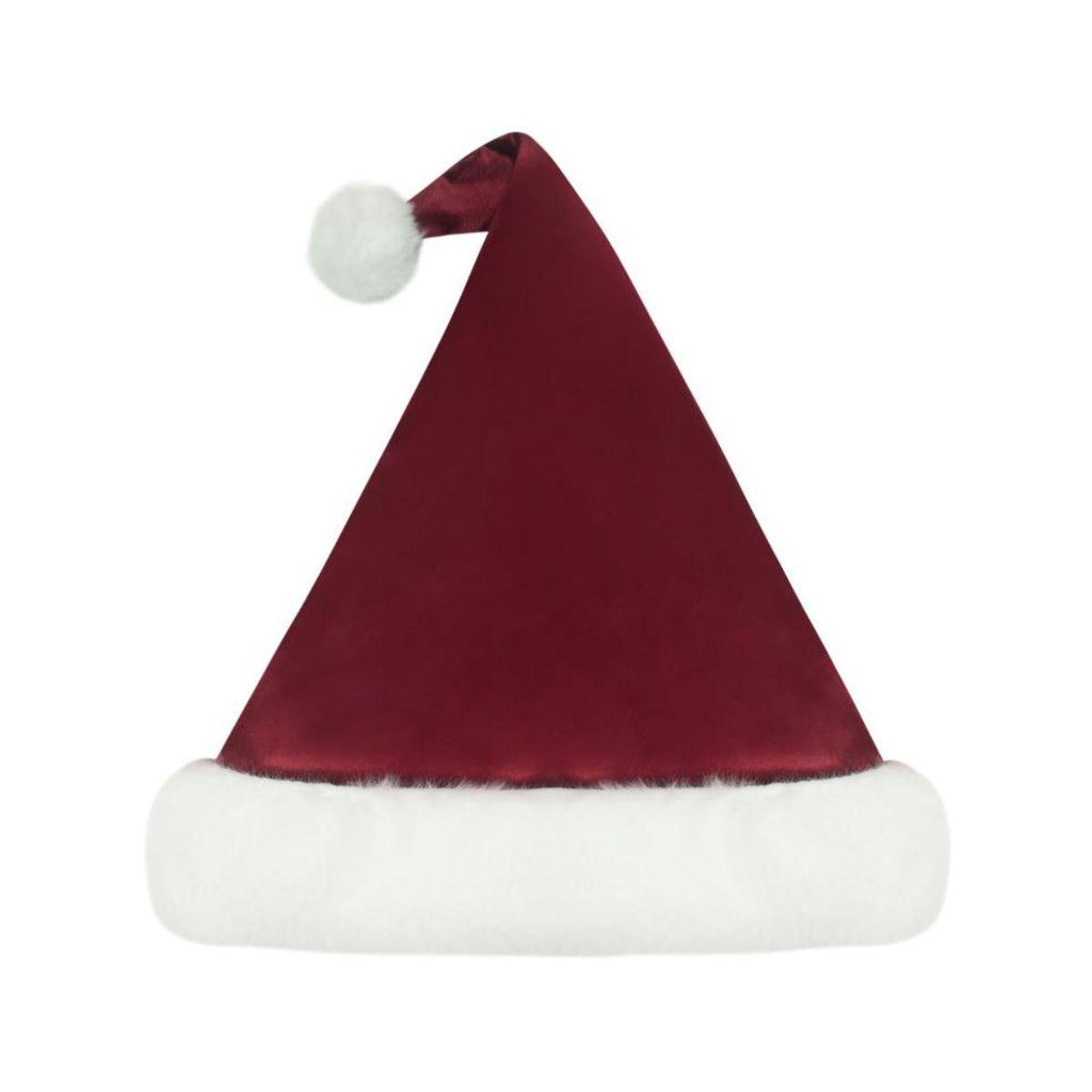 Red Santa hat with white trim on a white background
