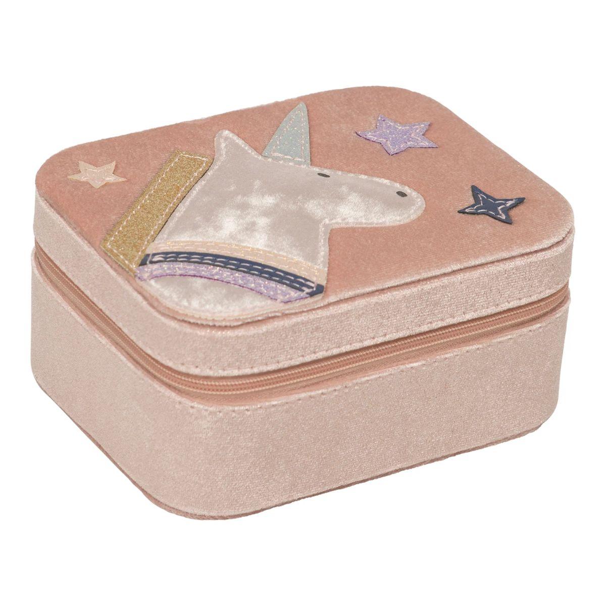 Pink jewelry box with unicorn design on a white background