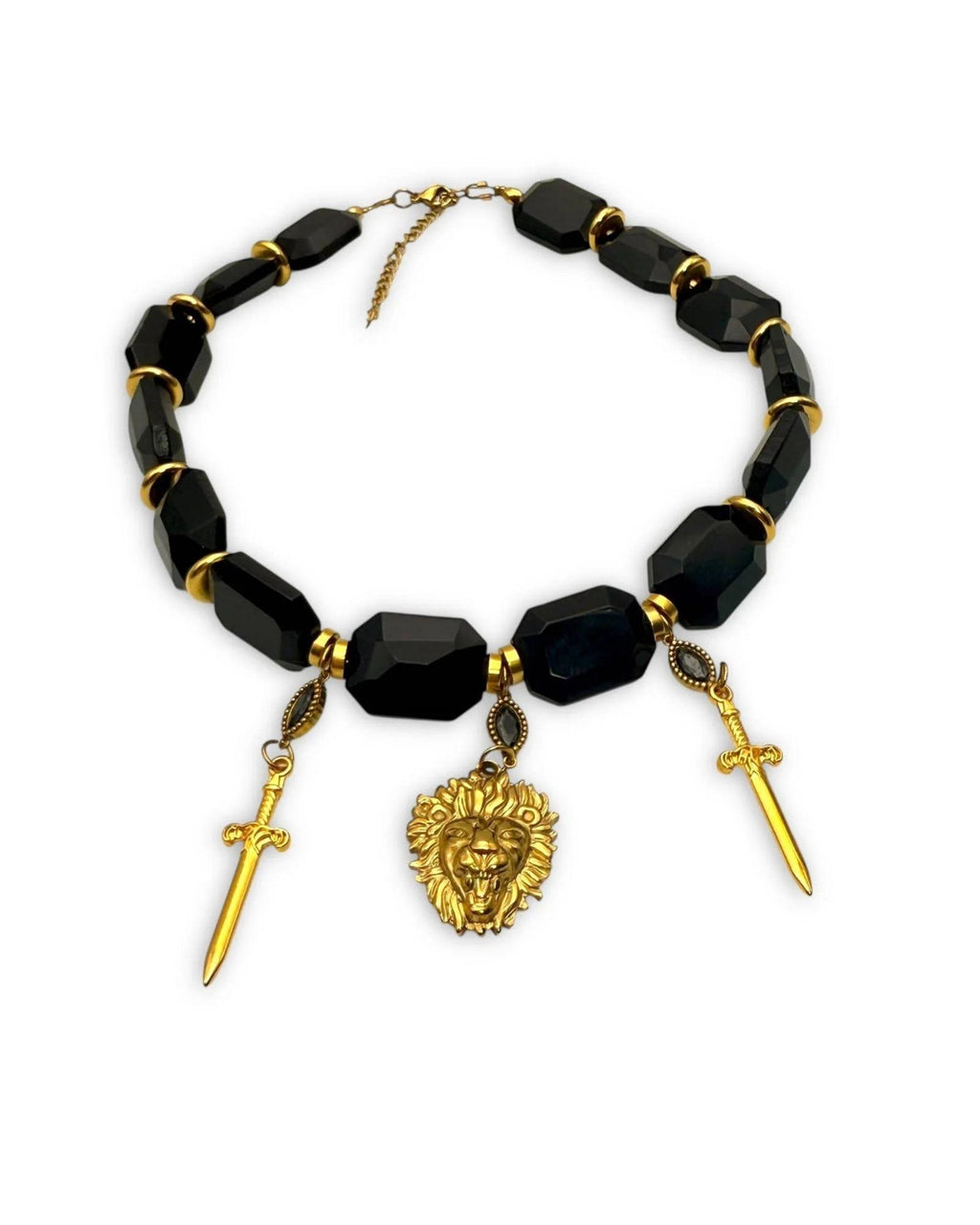 Lion & Sword - Handmade Necklace with Black Crystals and Gold-Plated Details