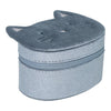 Blue cat-shaped jewellery box with a zipper on a white background