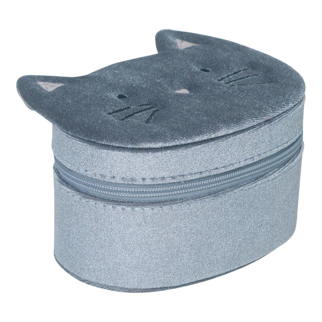 Blue cat-shaped jewellery box with a zipper on a white background