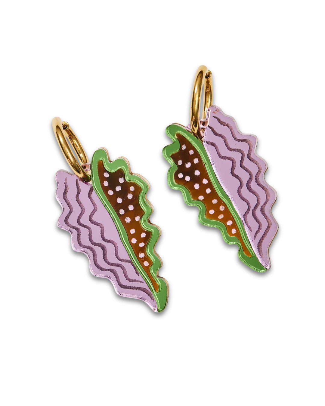 Pair of leaf-shaped earrings with pink, green, and brown colors on a white background