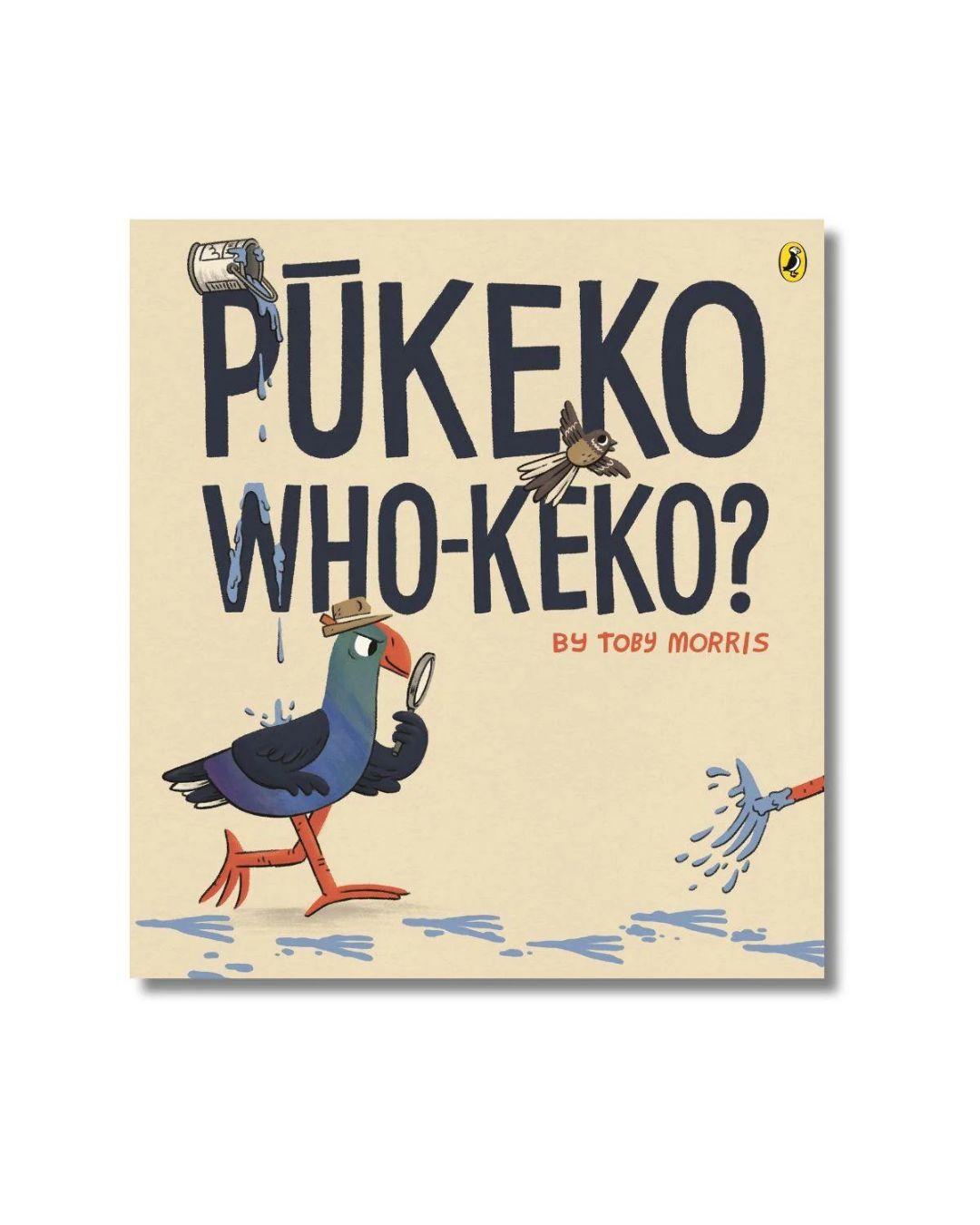 Book cover of 'Pukeko Who-Keko?' by Toby Morris with a cartoon penguin and text on a beige background.