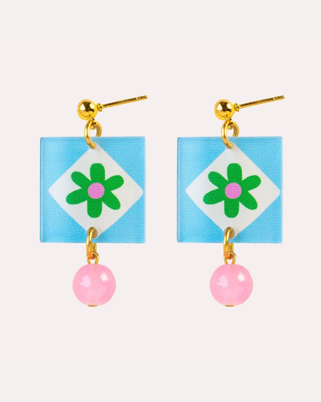 Pair of earrings with floral design and pink beads on a light blue background