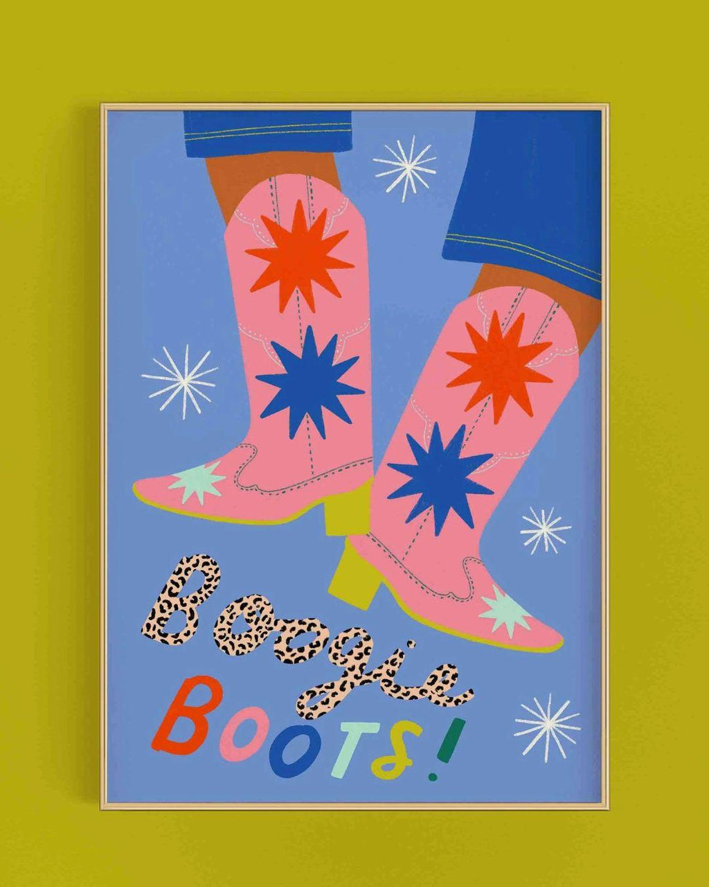 Illustration of pink cowboy boots with colorful text on a blue background